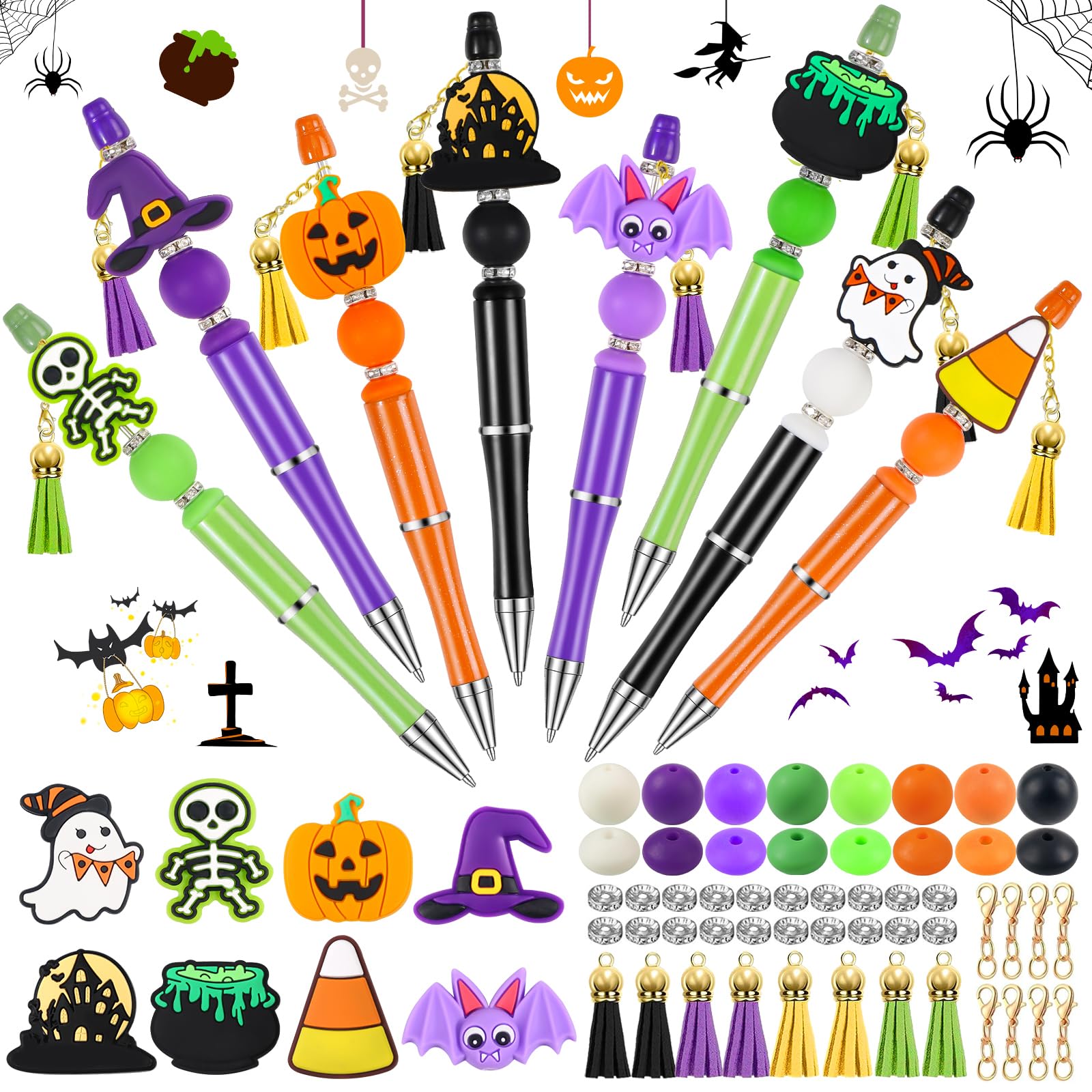 Halloween Beadable Pens Set 🎃 – 8 DIY Ballpoint Pens with Pumpkin, Ghost & Witch Beads (Green, Black, Purple, Orange)