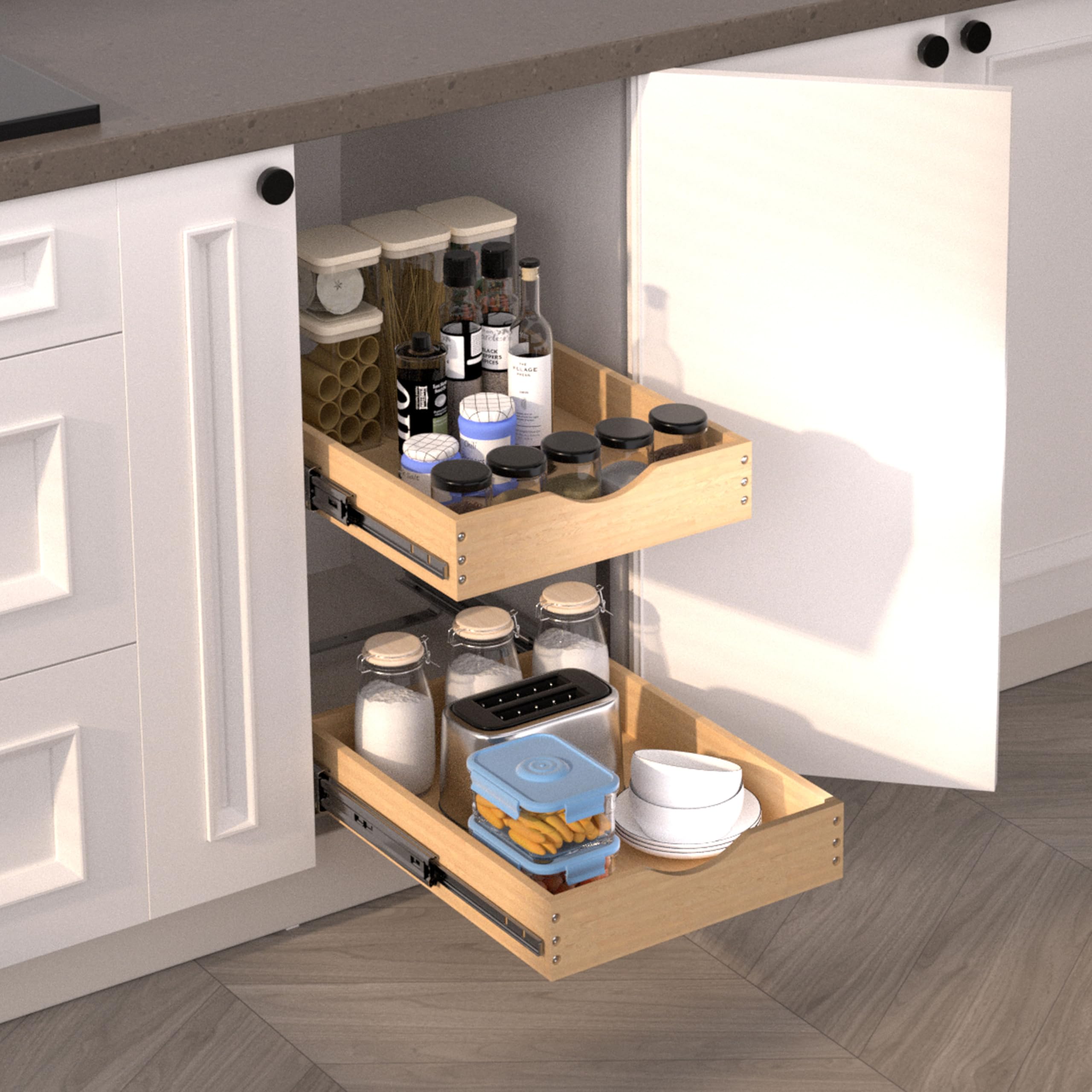Jowboow Compact 2-Tier Wooden Pull-Out Cabinet Shelves – Heavy-Duty Independent Slide-Out Drawers