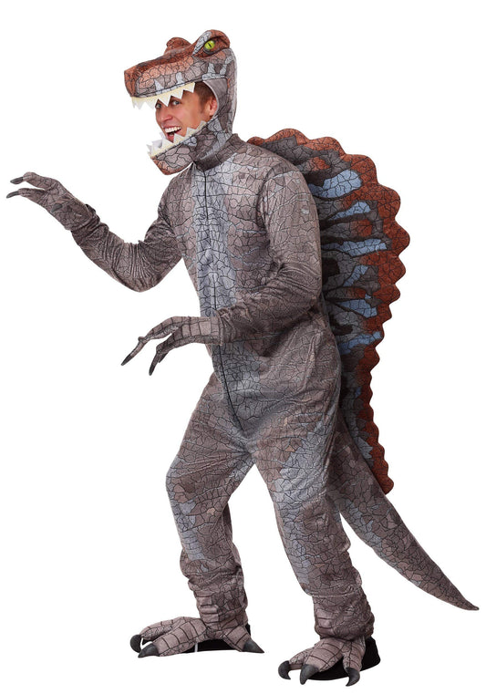 Adult Spinosaurus Dinosaur Costume – Realistic Gray Velour Jumpsuit with Tail, Headpiece & Claw Covers 🦖🔥