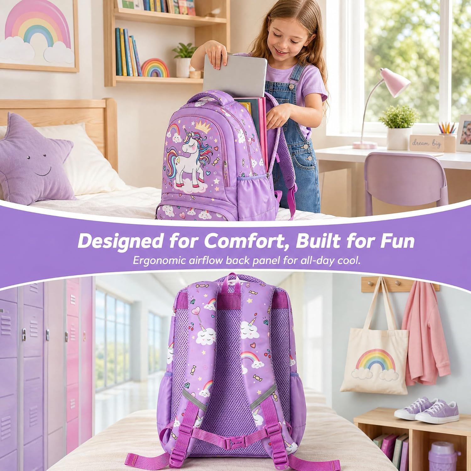 Purple Unicorn School Backpack Set with Lunch Bag
