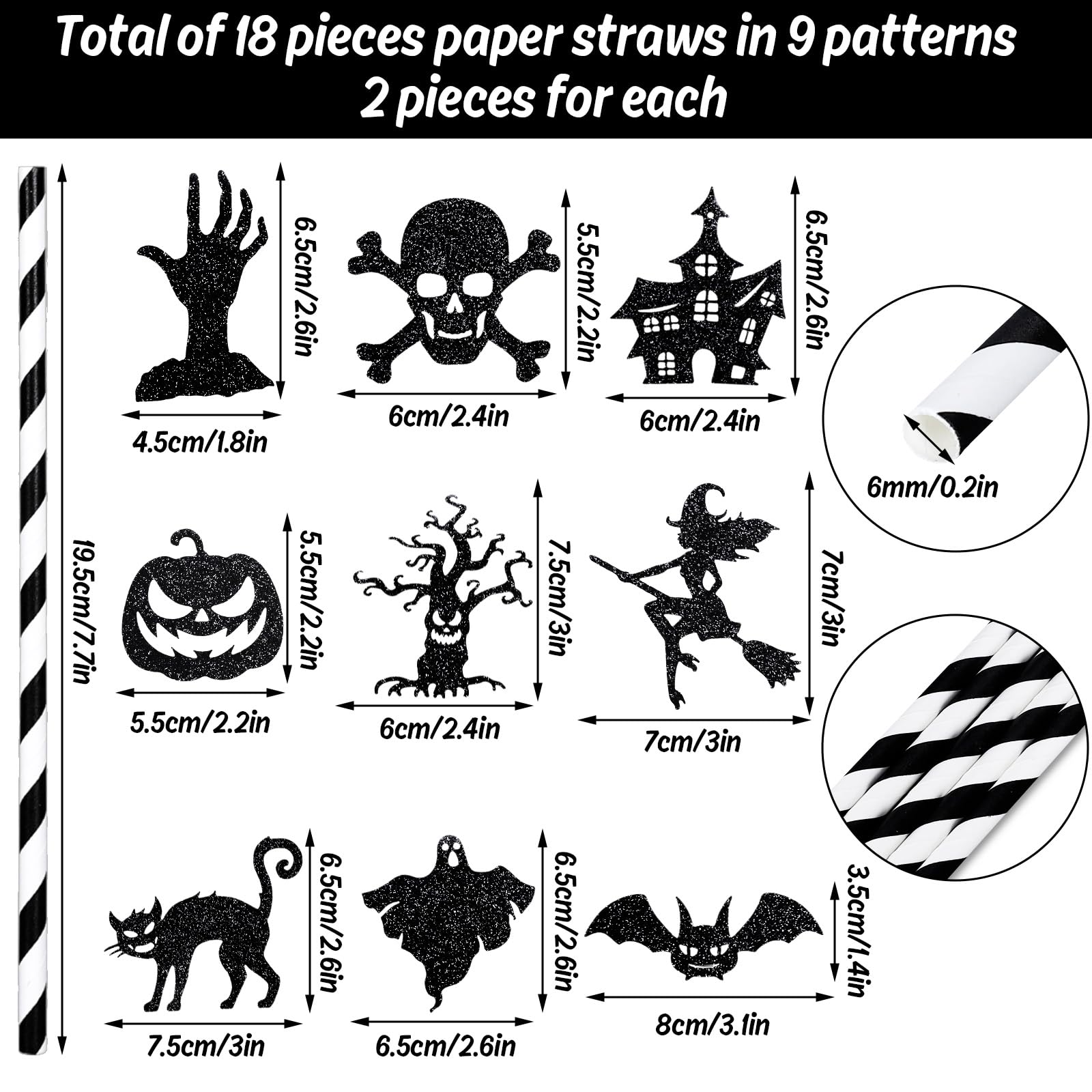 Halloween Paper Straws with Pumpkin, Bat & Witch Card Toppers – 18 Pcs Black/White Party Drinking Straws
