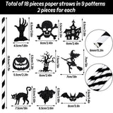 Halloween Paper Straws with Pumpkin, Bat & Witch Card Toppers – 18 Pcs Black/White Party Drinking Straws