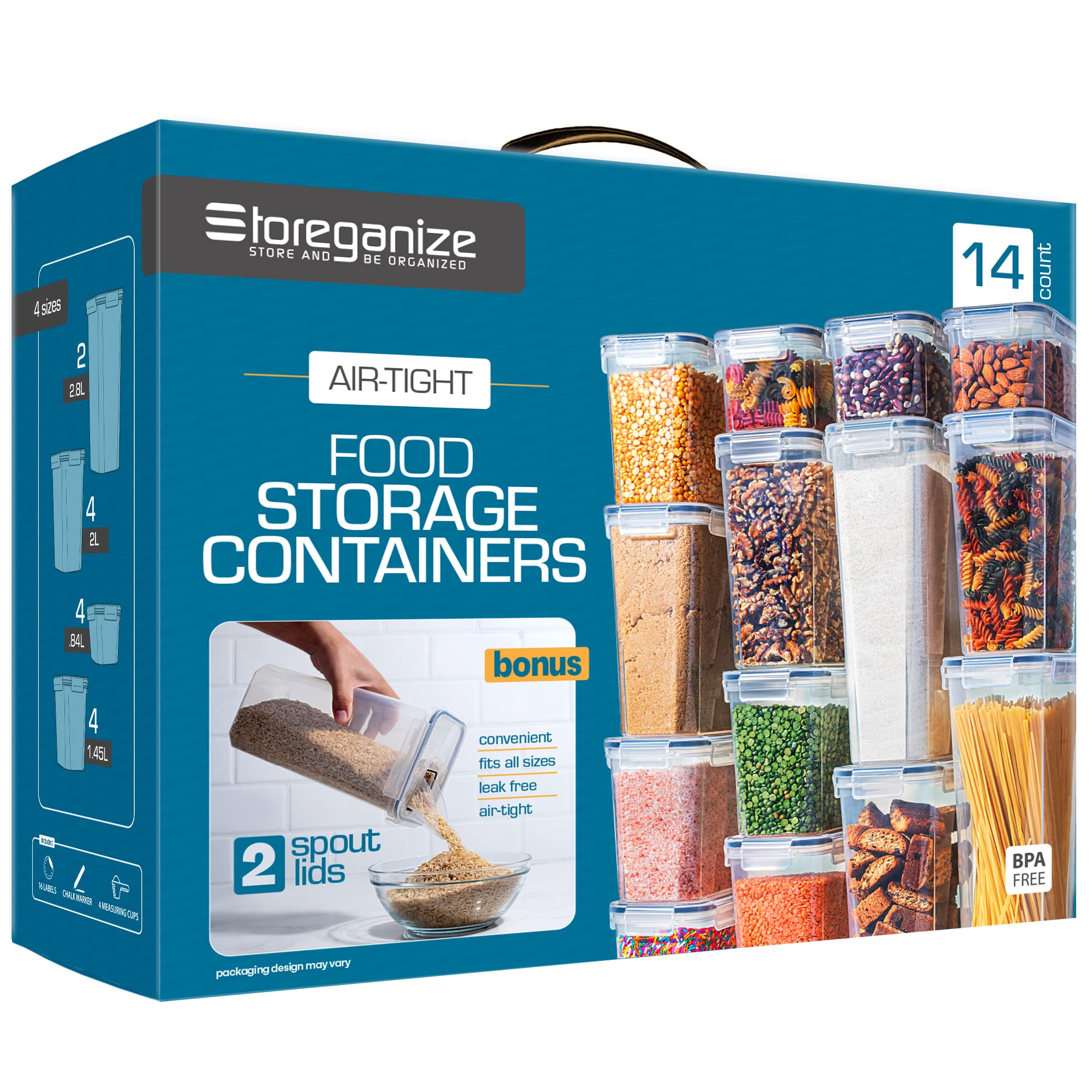 Airtight Pantry Storage Containers Set – 14 Piece Stackable Canisters with Pour Spout Lids, Labels & Scoop