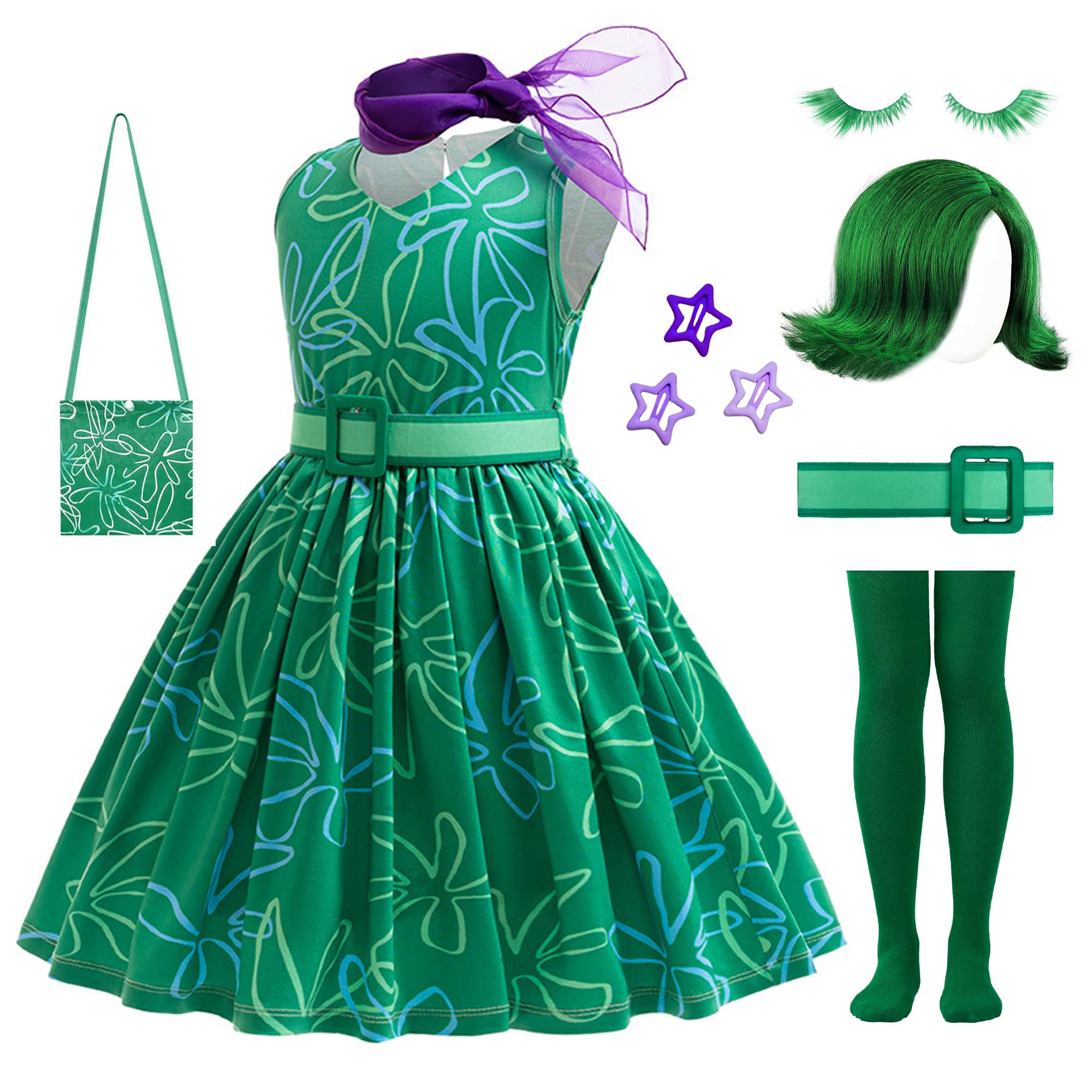10PCS Girls Green Fairy Cosplay Costume Set – Dress, Wig, Bag, Tights & Accessories for Halloween or Party
