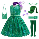 10PCS Girls Green Fairy Cosplay Costume Set – Dress, Wig, Bag, Tights & Accessories for Halloween or Party