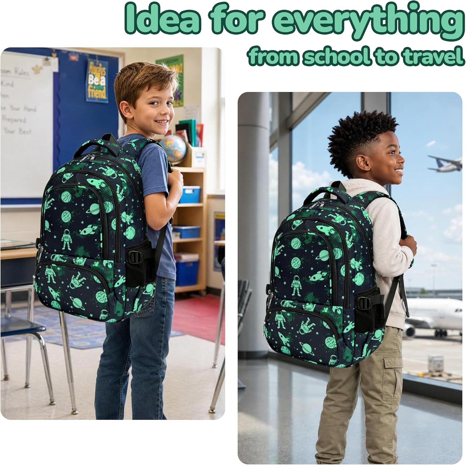 Black Green 17-Inch School Backpack with Laptop Sleeve