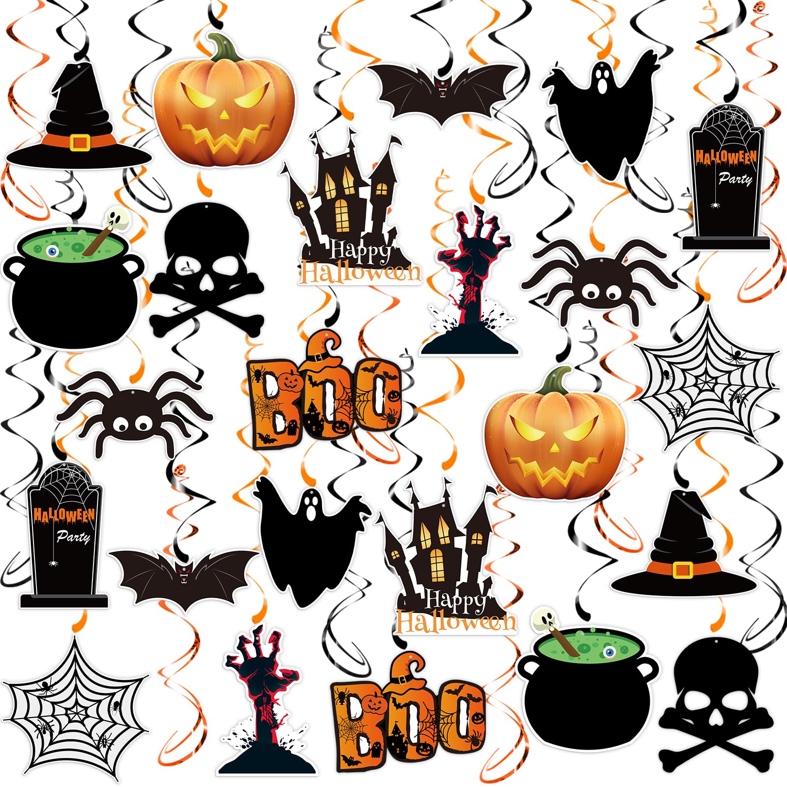 Halloween Hanging Swirl Decorations – 60PCS Ceiling Foil & Card Set with Ghosts, Bats, Pumpkins & Spiders