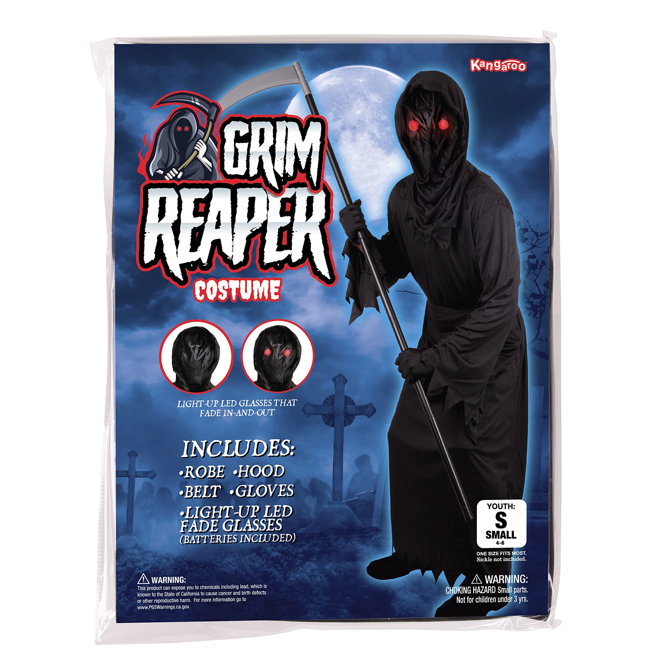 Grim Reaper Halloween Costume for Boys – LED Light-Up Glasses & Full Robe Set 💀⚡
