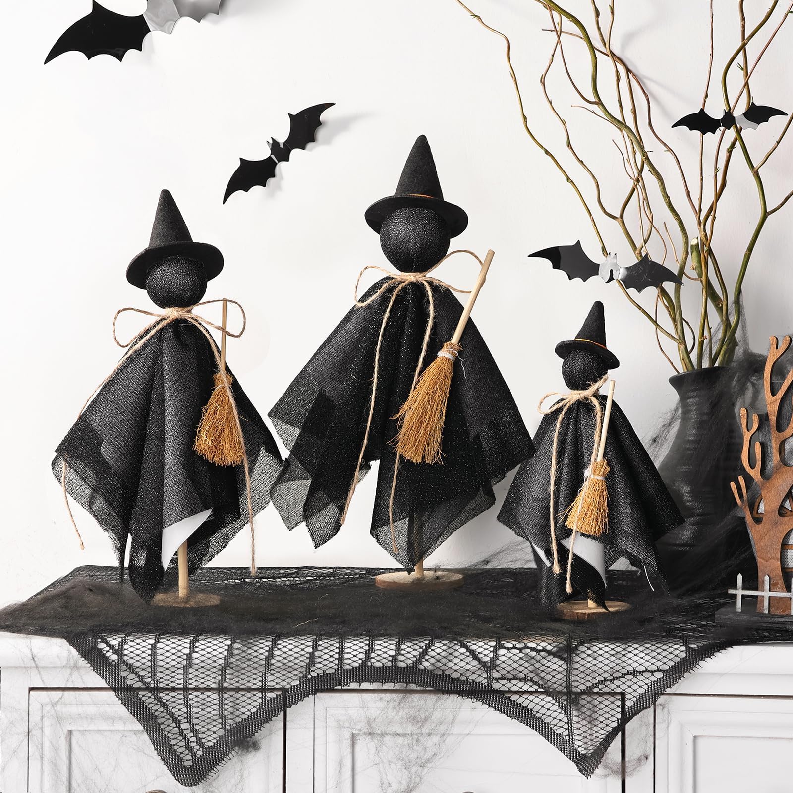 Black Witch Hat Table Decor – Set of 3 Rustic Halloween Witches for Desk, Shelf & Mantel Decorations