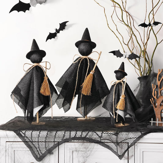 Black Witch Hat Table Decor – Set of 3 Rustic Halloween Witches for Desk, Shelf & Mantel Decorations