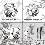 Halloween Crows Party Supplies – 144 Pcs Black & White Plates, Cups, Napkins & Cutlery Set for 24 Guests