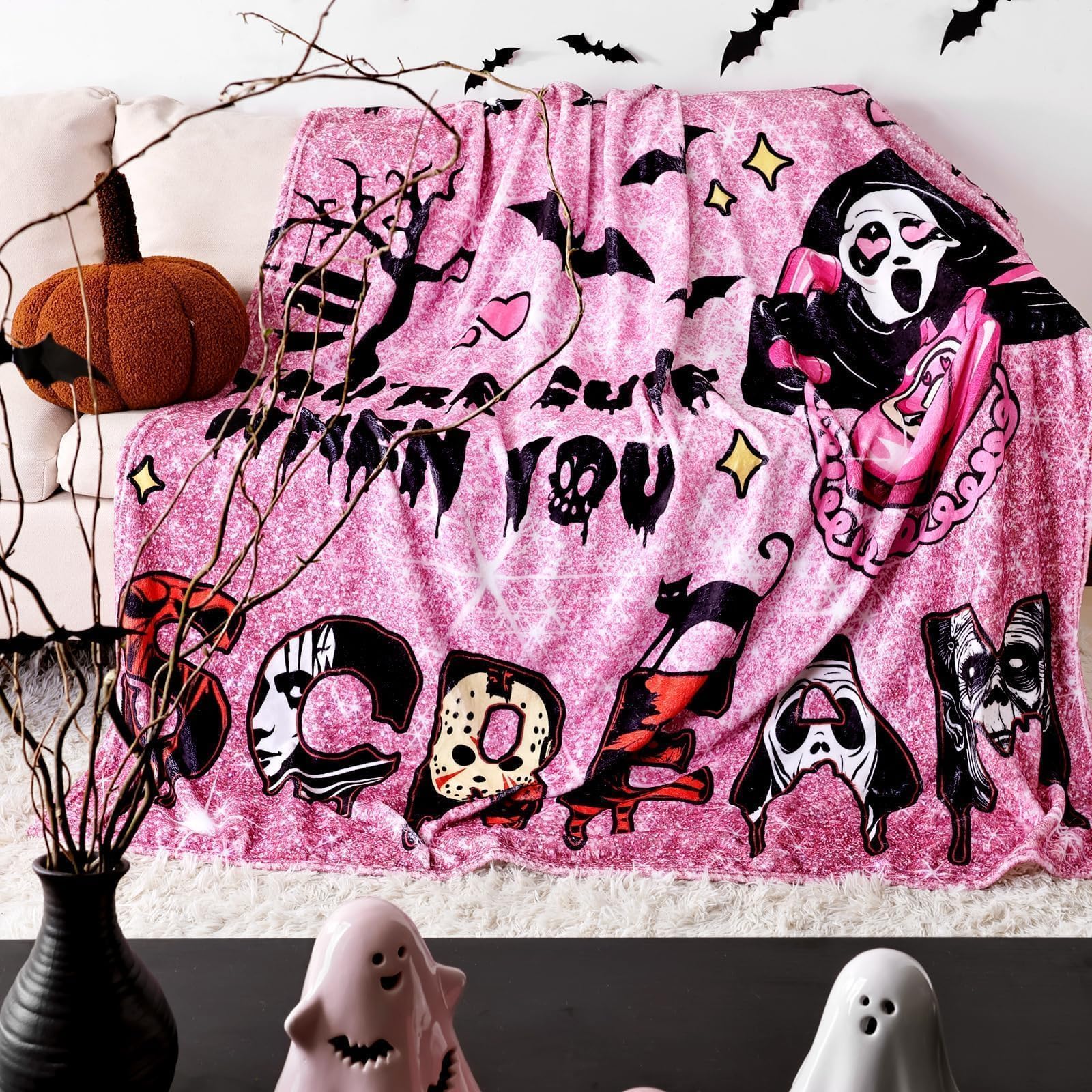 Halloween Pink Ghost Throw Blanket – 60"x60" Soft Flannel Horror Blanket for Couch, Bed & Travel