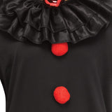 Evil Red & Black Jester Costume – Men’s Halloween Outfit with Chrome Mask, Hair, Collar & Jumpsuit