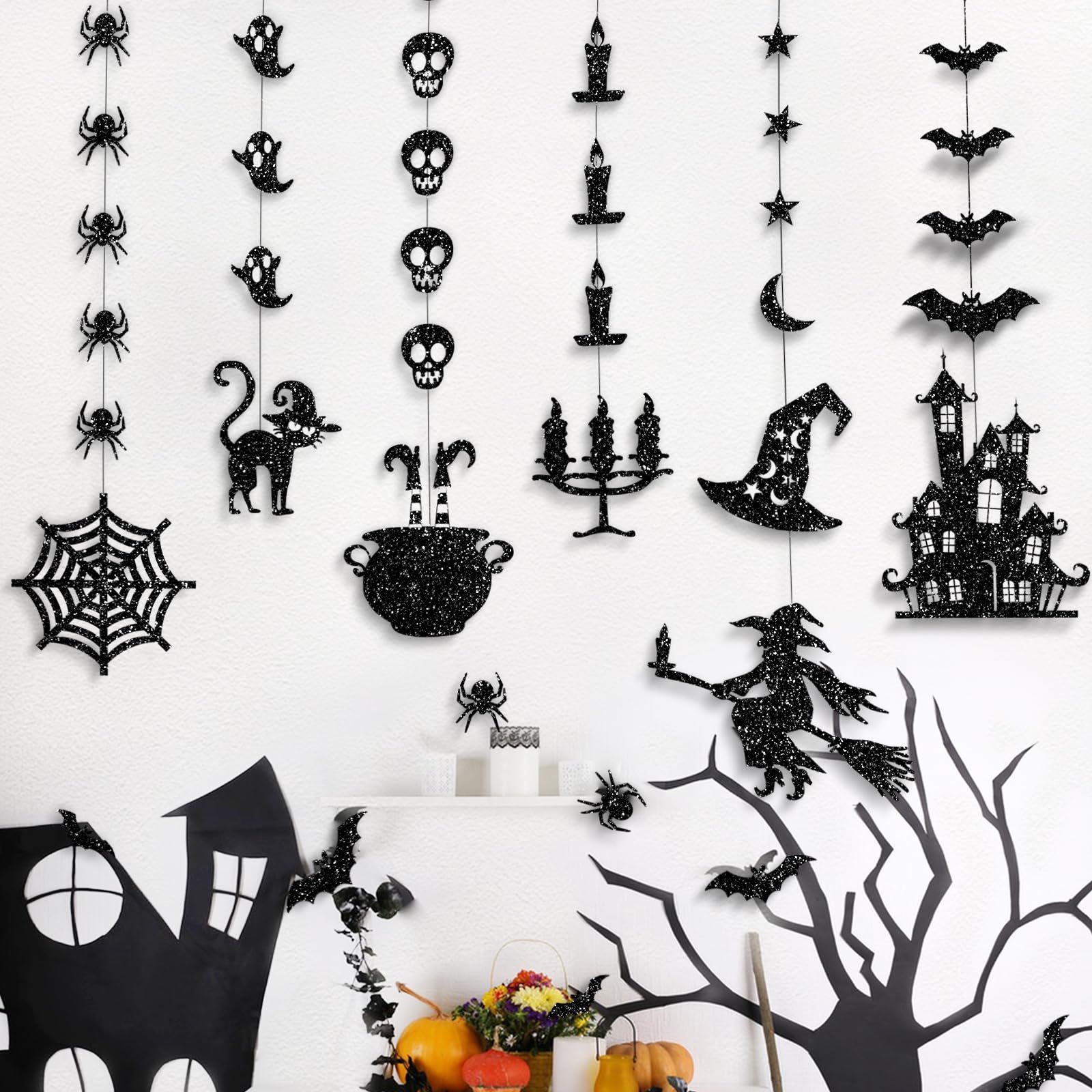 7PCS Glitter Black Halloween Garlands – Pre-Strung Hanging Decorations with Spiders, Bats & Witches