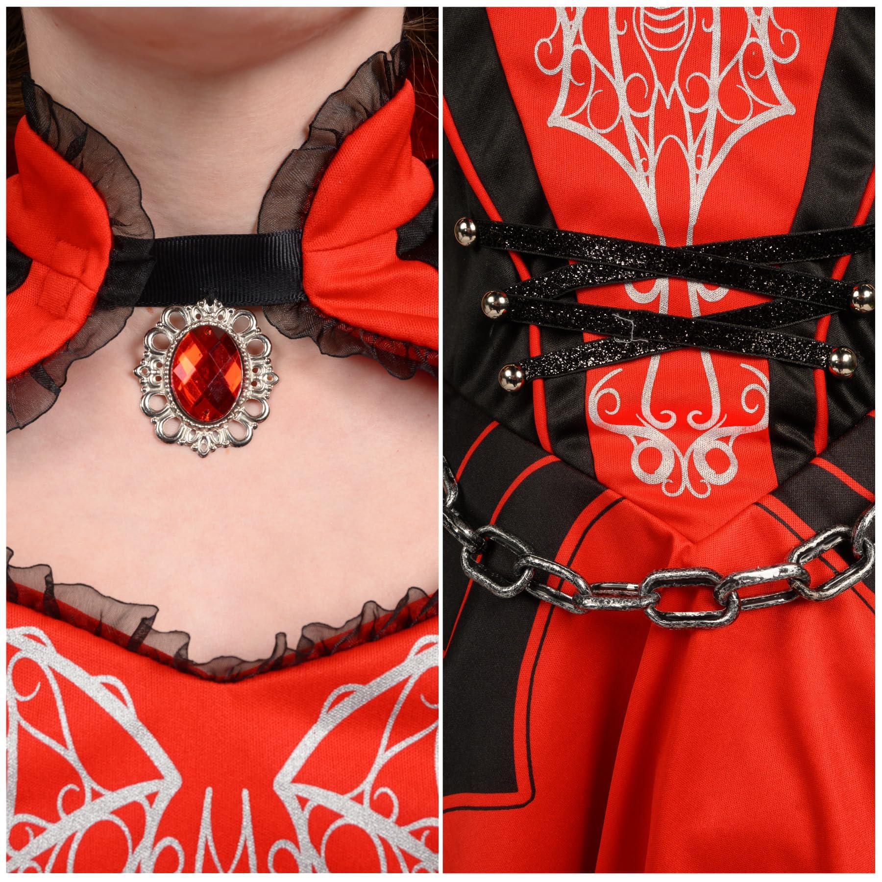 Girls Red Vampire Queen Costume Set – Dress, Cape, Gloves, Necklace & Headband (Sizes 5–16)