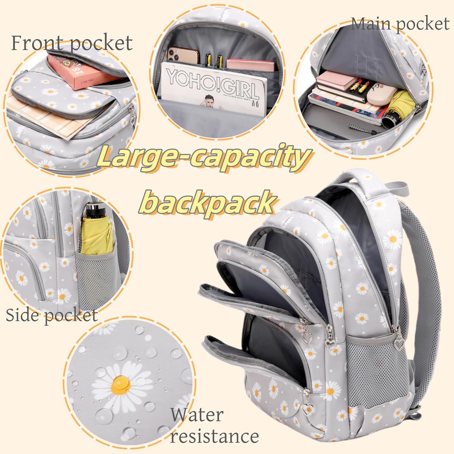 Daisy Print School Backpack Set with Insulated Lunch Bag