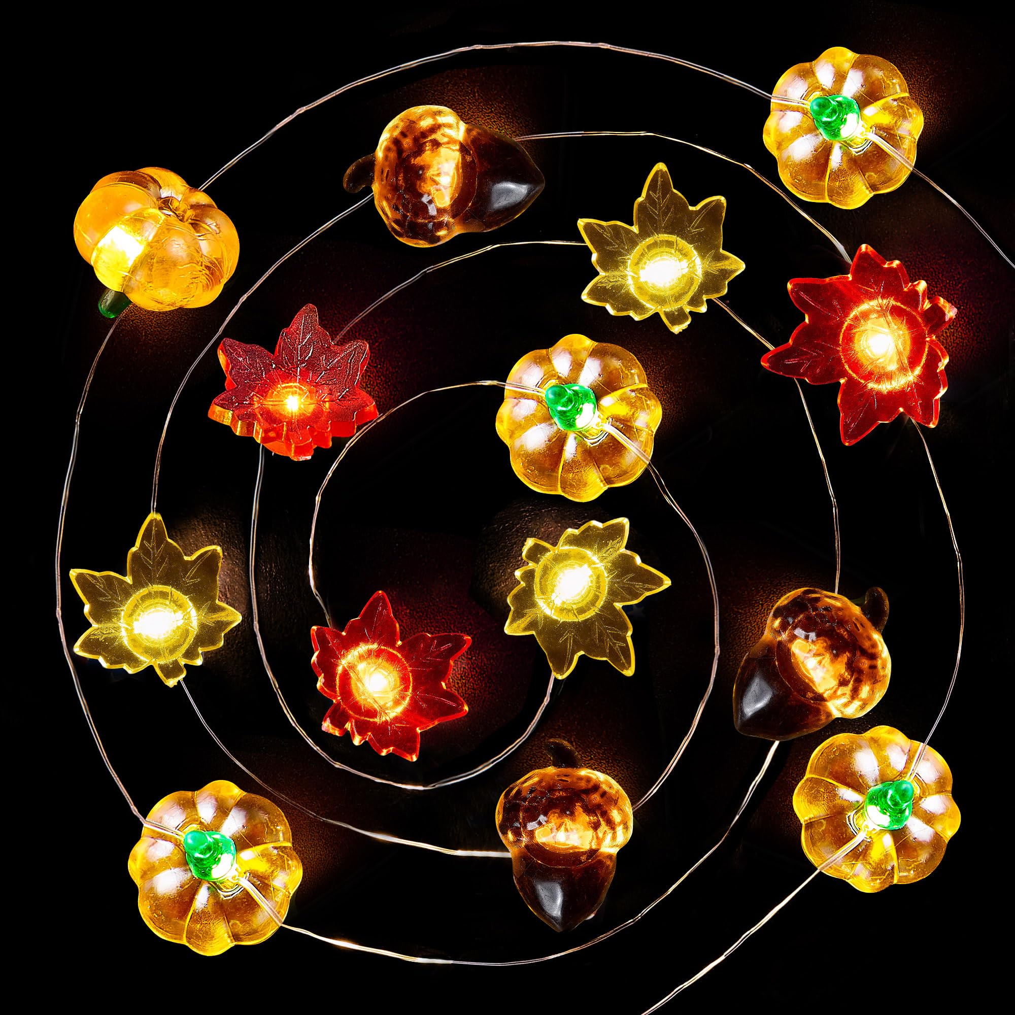 Autumn Harvest String Lights – 10 Pumpkins, 10 Acorns & 20 Maple Leaves on Copper Wire, Battery Operated with Timer (Orange)
