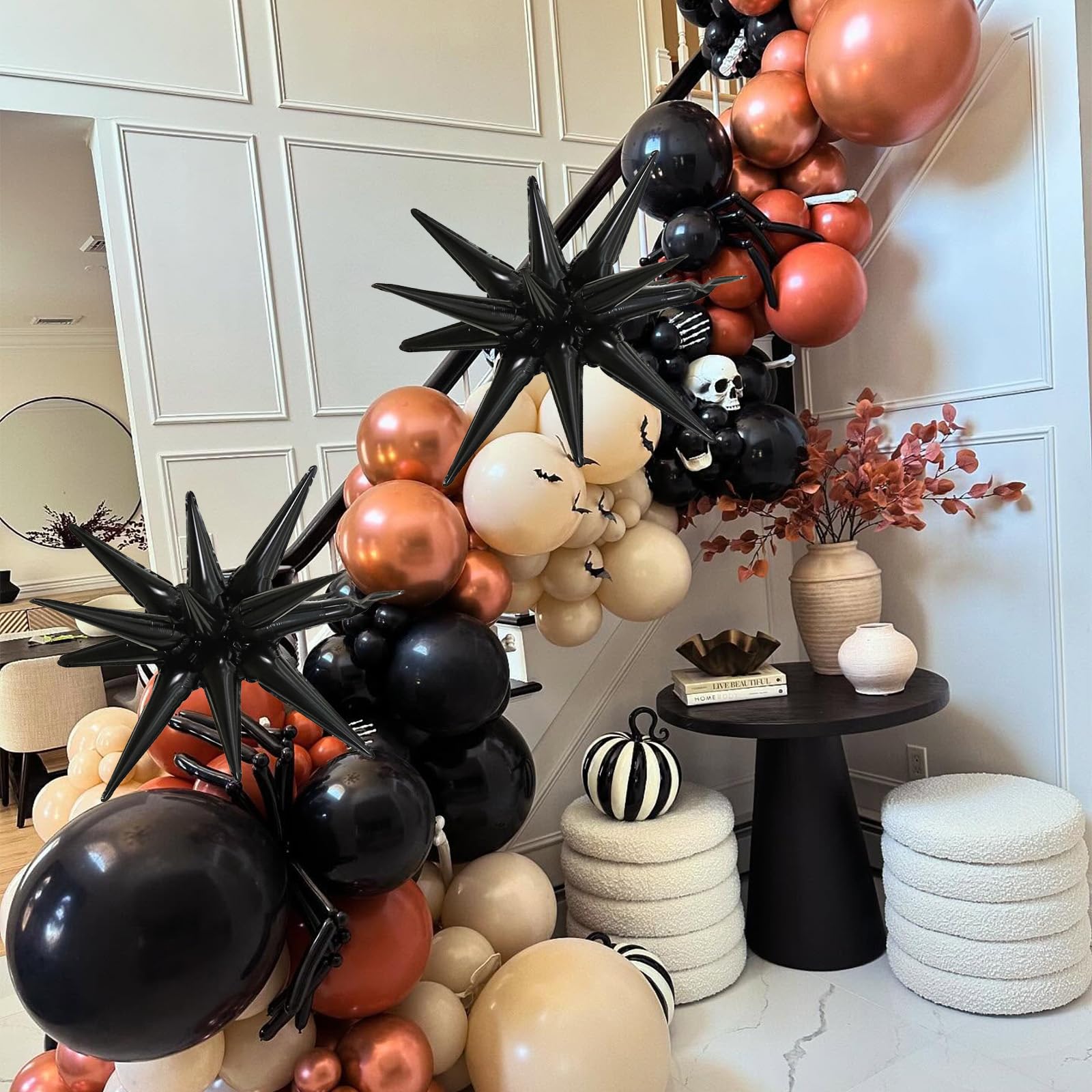 132 Pcs Halloween Balloon Arch Kit – Burnt Orange, Maroon, Black & Rose Gold Garland with Spikes & Bats