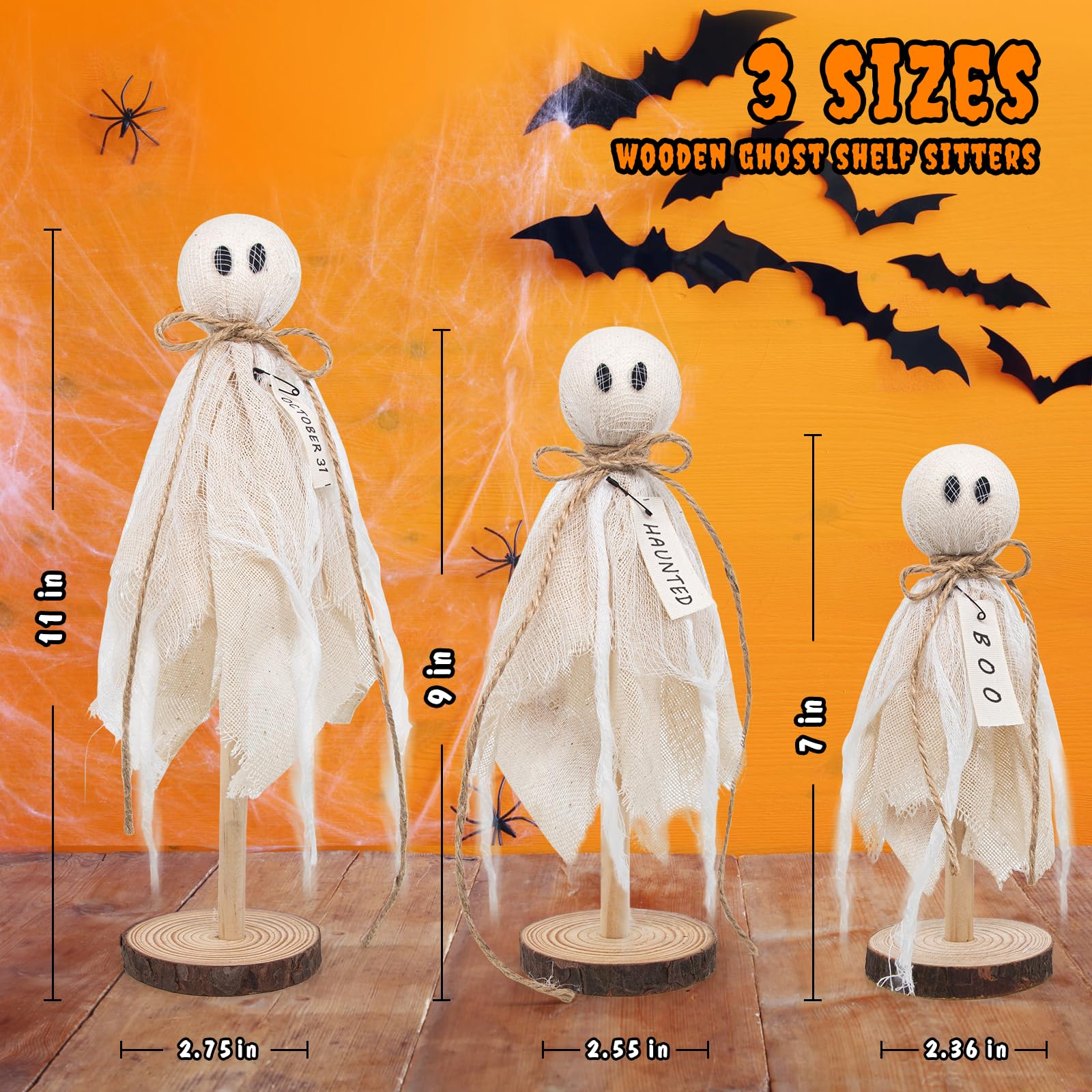 Rustic Wooden Ghost Trio – Farmhouse Halloween Decorations with BOO & Haunted Labels, 3 Sizes