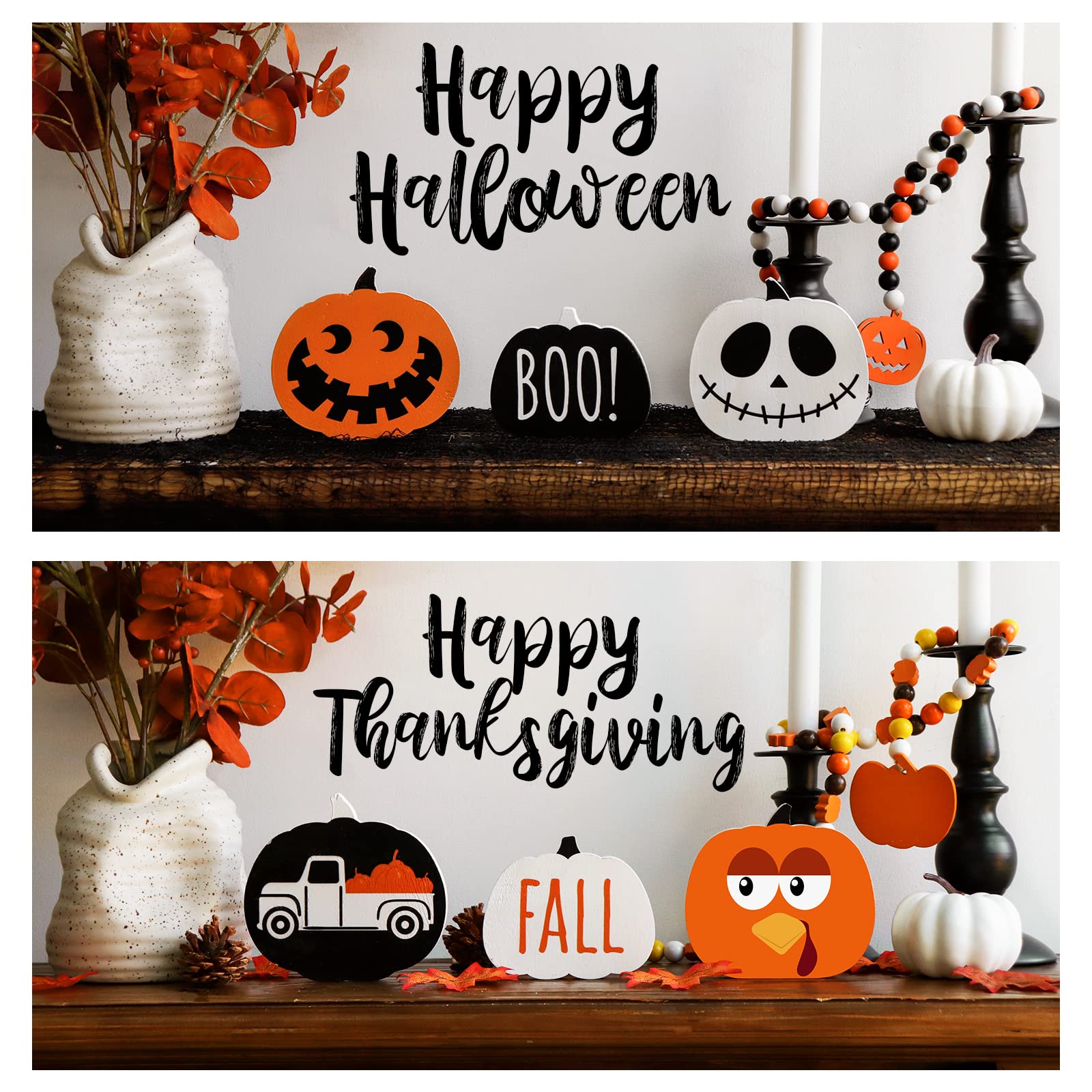 Reversible Halloween & Fall Wooden Table Decor – 3 Double-Sided Pumpkin Signs for Home & Office