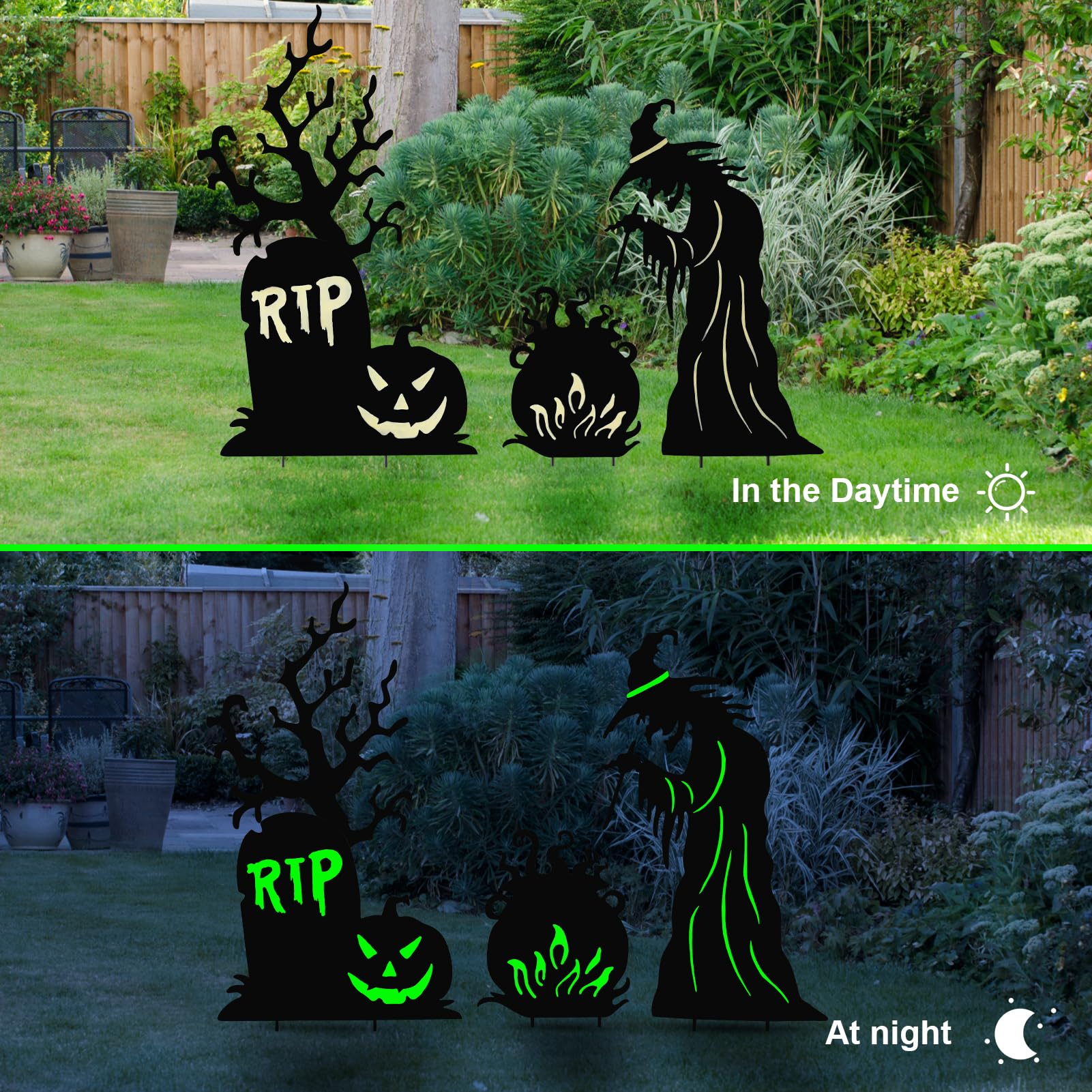 Metal Halloween Yard Stakes – Witch, Tombstone & Cauldron Silhouette Set with Fluorescent Green Glow (Waterproof Outdoor Decor)