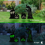 Metal Halloween Yard Stakes – Witch, Tombstone & Cauldron Silhouette Set with Fluorescent Green Glow (Waterproof Outdoor Decor)