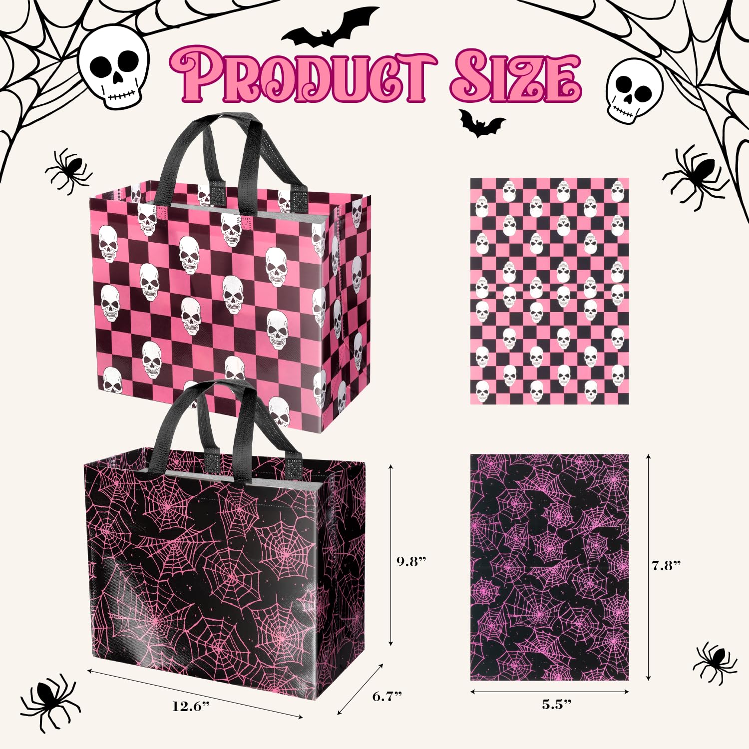 2-Pack Skull Net Halloween Gift Bags with Cards & Tissue Paper – Reusable Black & Pink Tote Style Party Favor Bags