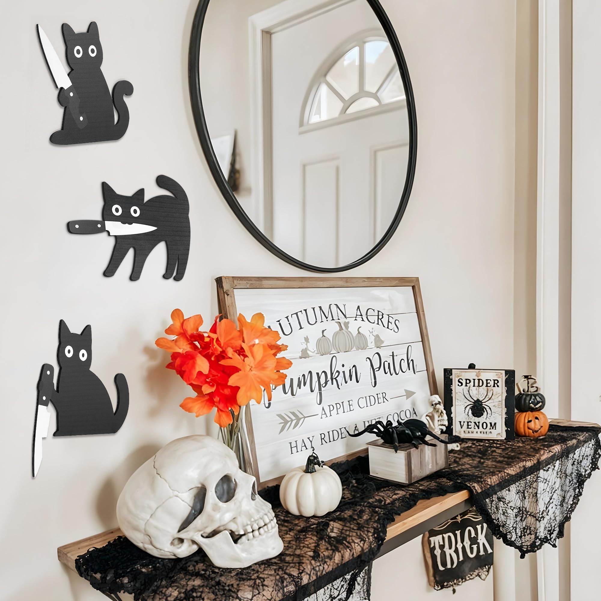Black Cat Wooden Halloween Decorations – 3-Piece Set of Spooky-Cute Cat Figures for Indoor Home Décor (DRZS0090)