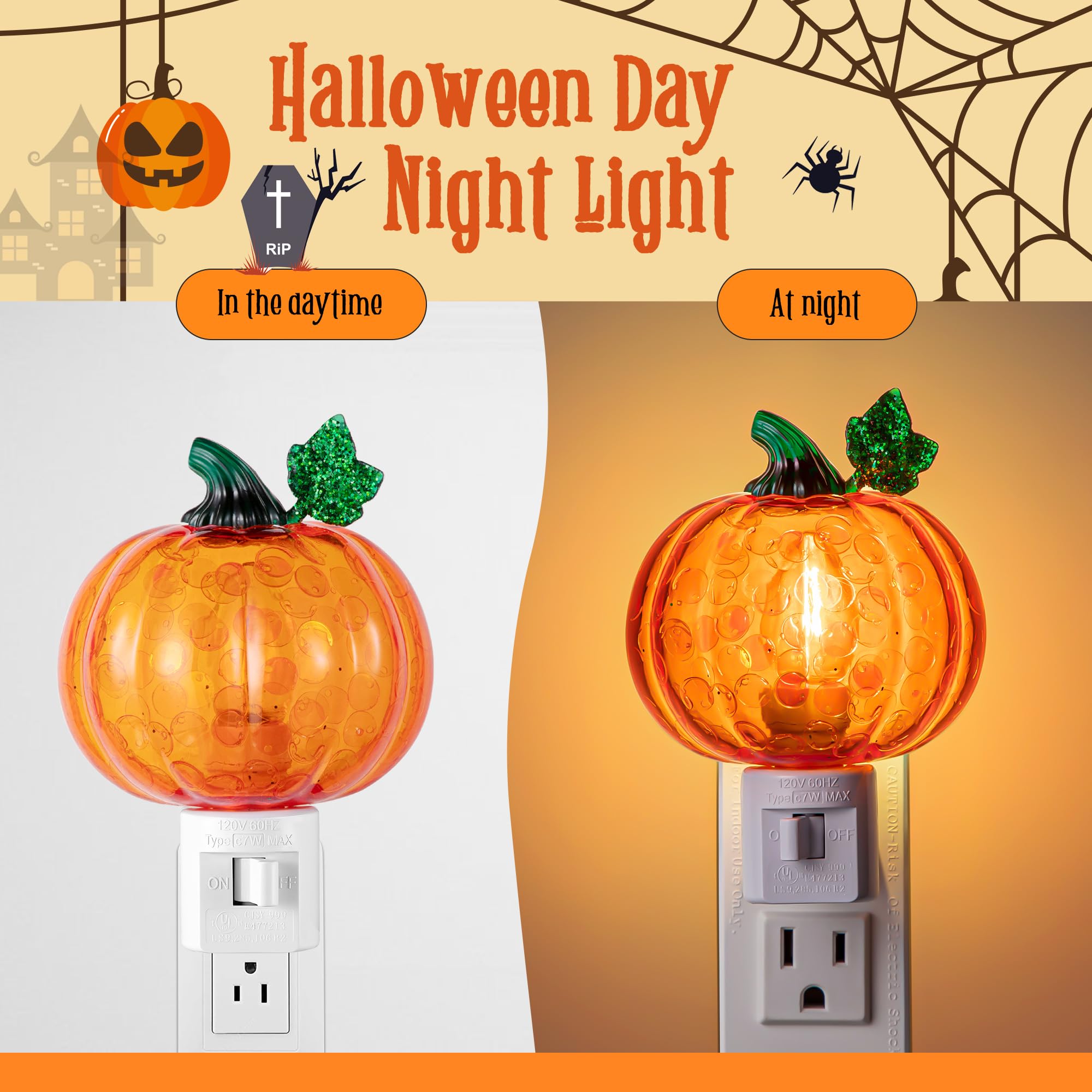 Pumpkin C7 LED Night Light – Swivel Plug Bubble Lamp with Warm Orange Glow, UL Certified Plug-In Halloween Decoration (ABS Material)