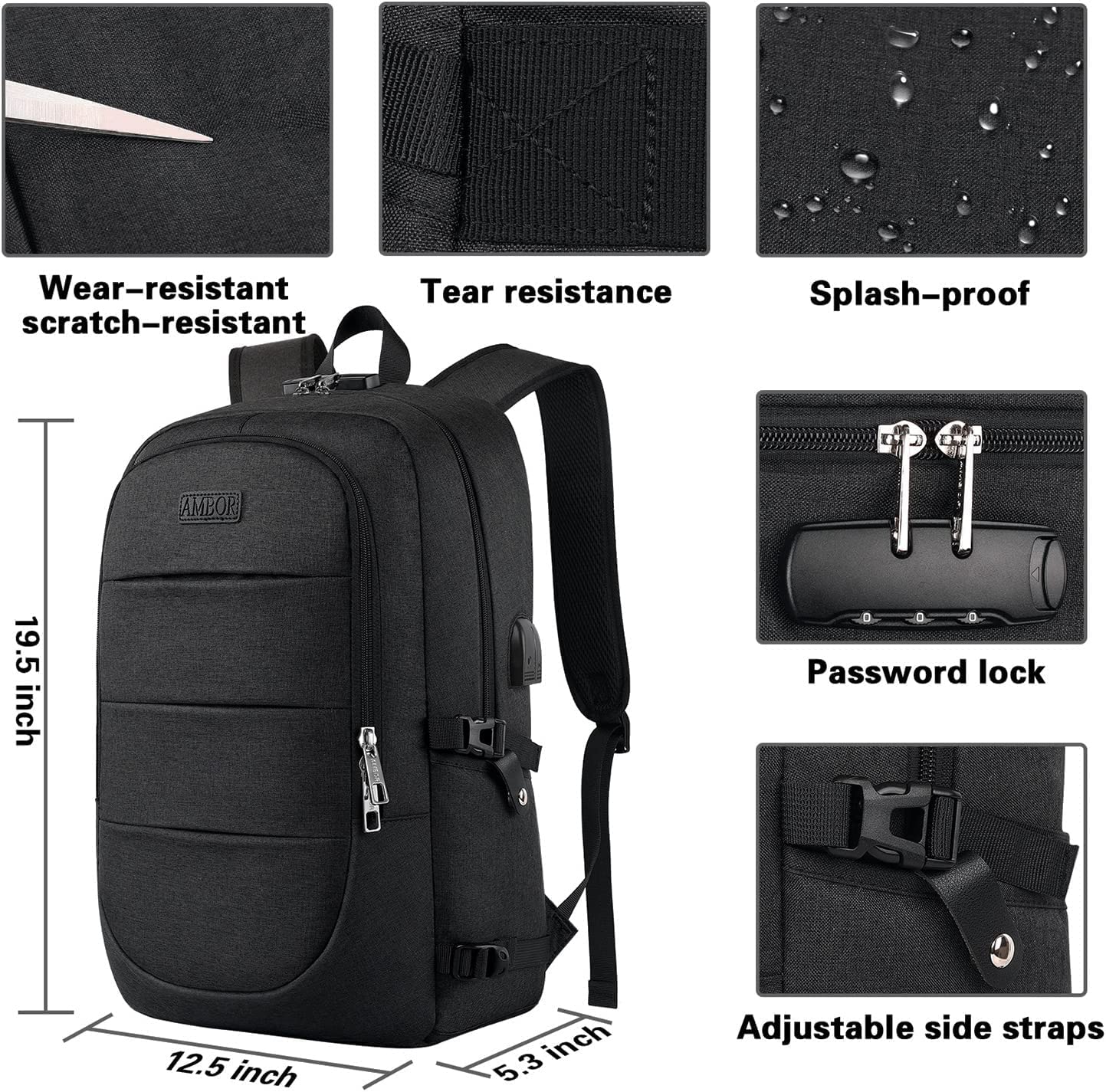AMBOR Anti-Theft Travel Laptop Backpack – Water-Resistant Business Work Backpack with USB Charging Port, Fits up to 17.3” Laptops (Black)