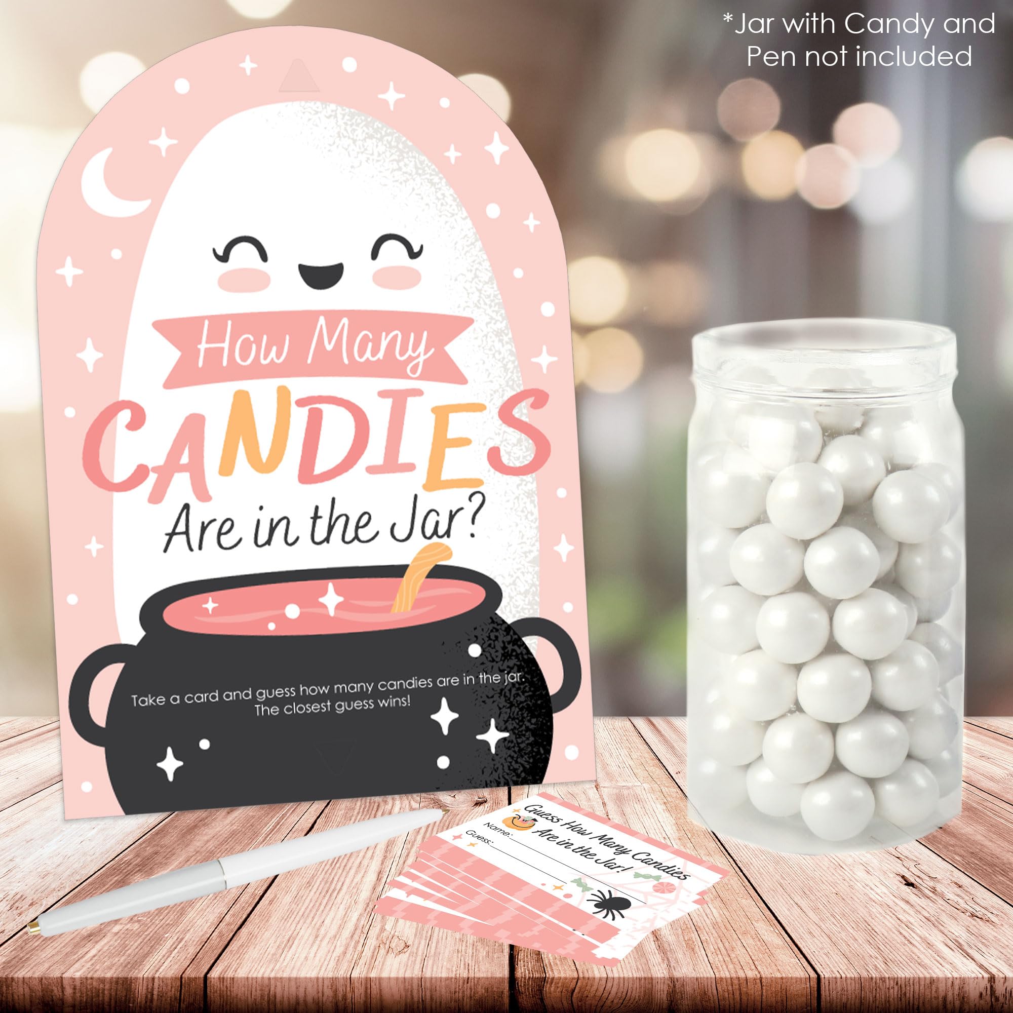 Pastel Halloween Candy Guessing Game – Pink Pumpkin Party Sign with 40 Guess Cards for Cute Halloween Events & Fall Celebrations