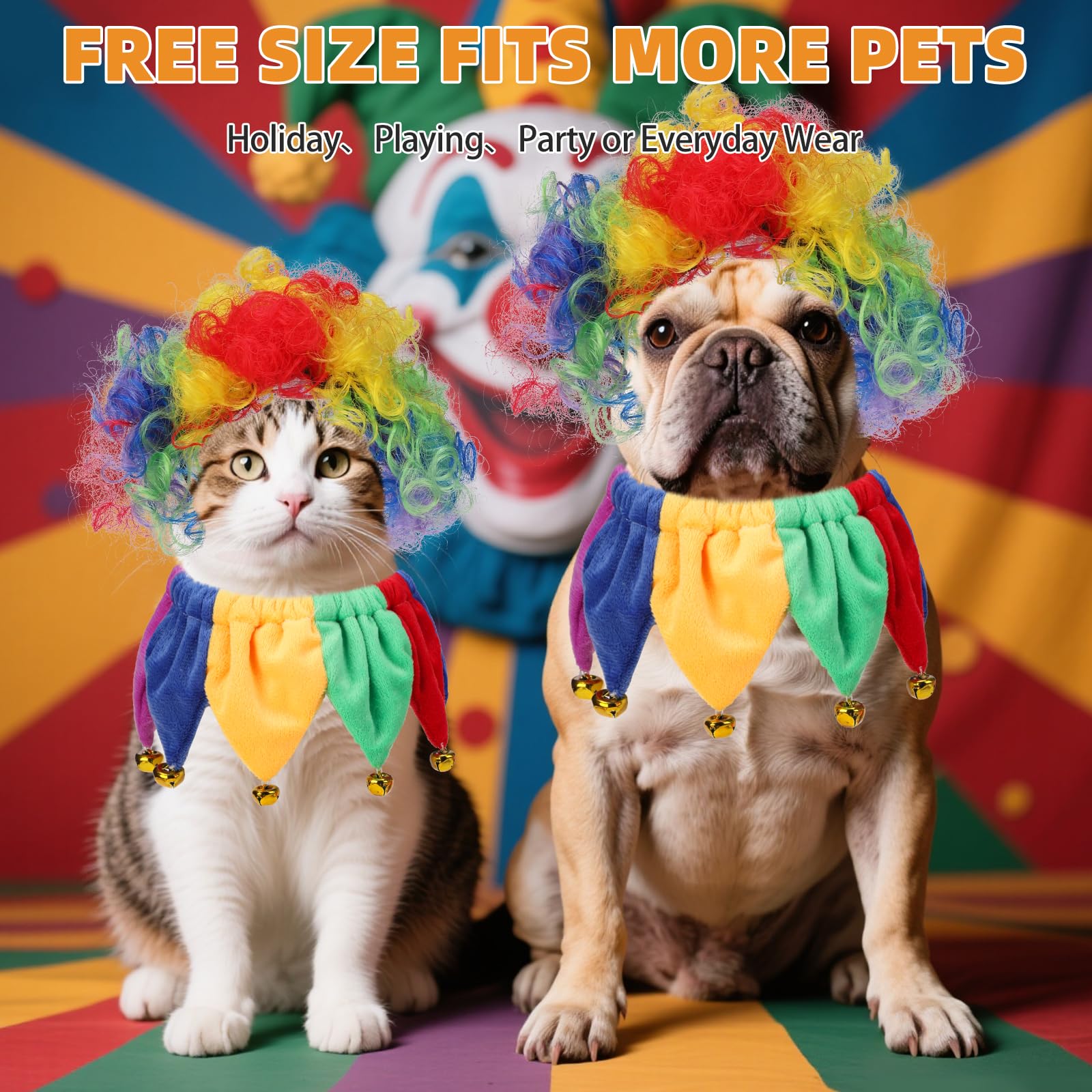 Pet Clown Costume Set – Colorful Wig & Bell Collar for Dogs and Cats (Adjustable Fit)