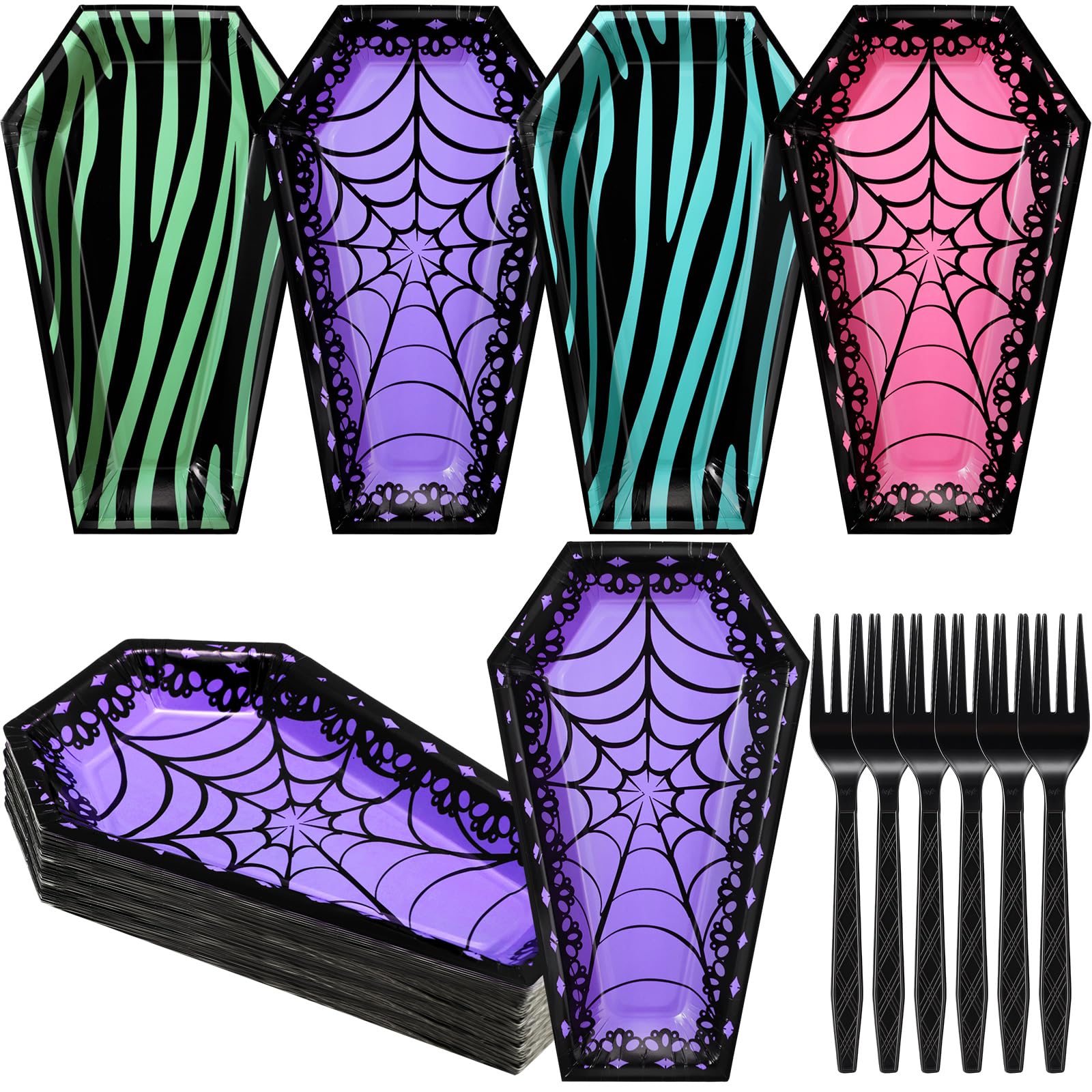 Halloween Coffin Plates & Black Forks Set – 48 Pcs Disposable Scary Sweet Tableware for 24 Guests