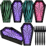 Halloween Coffin Plates & Black Forks Set – 48 Pcs Disposable Scary Sweet Tableware for 24 Guests