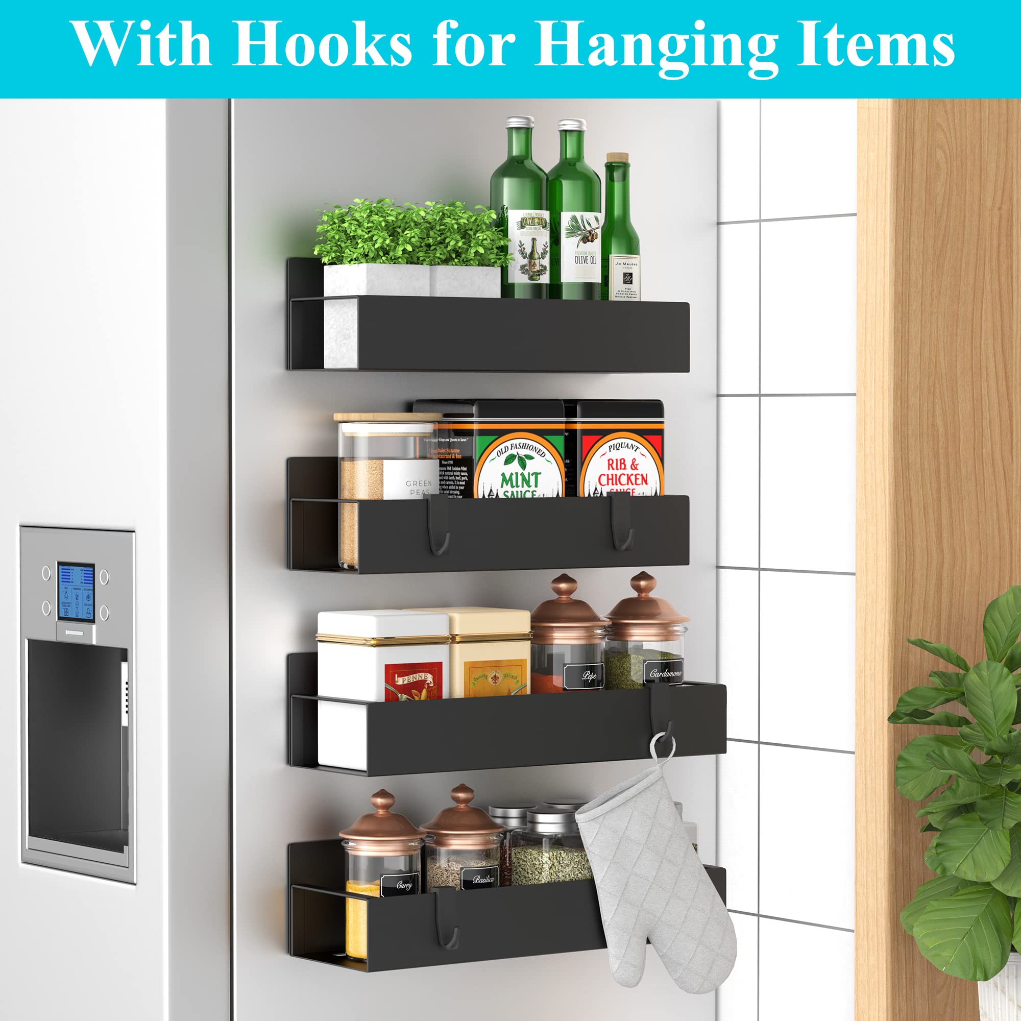 HuggieGems Magnetic Spice Rack Organizer (4-Pack) – Heavy-Duty Metal Fridge & Oven Storage, Adjustable Design (Black)