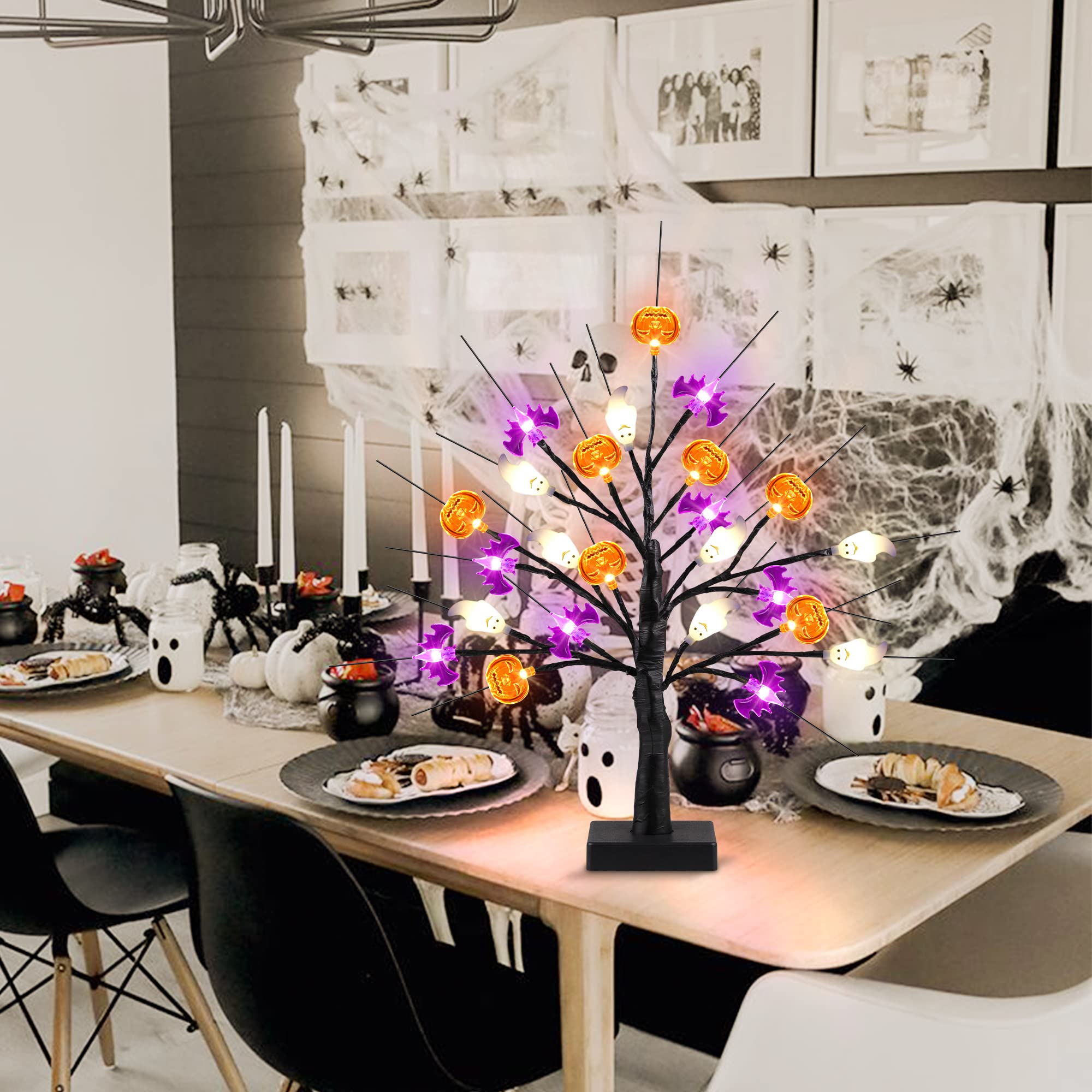 Lighted Halloween Tree – 24 LED Pumpkin, Bat & Ghost Lights with Adjustable Branches, USB or Battery Powered Tabletop Decoration (Timer Function Included)