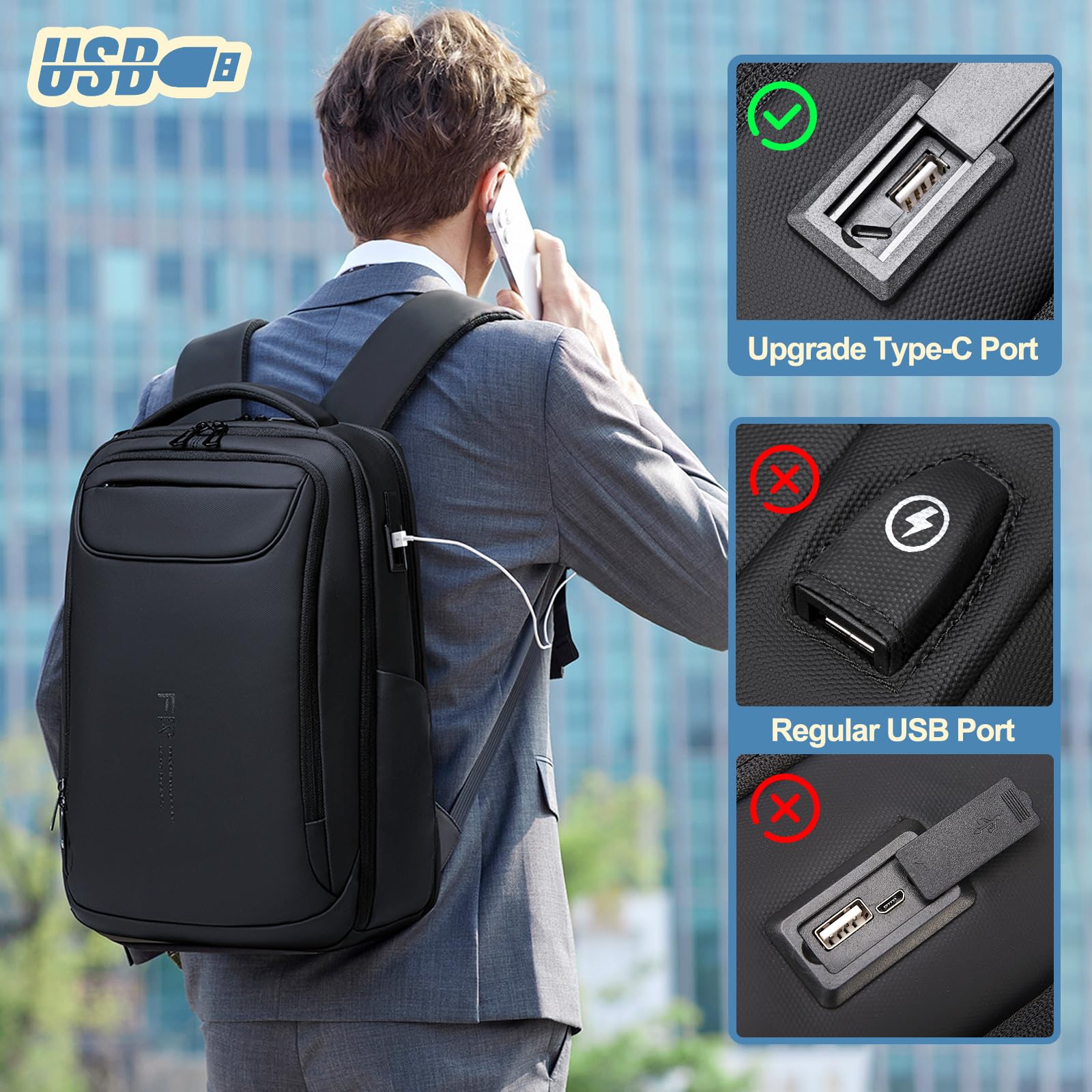 FENRUIEN Business Laptop Backpack – Water-Resistant Tech Backpack with USB-A & USB-C Charging Ports, TSA-Friendly Design (Fits 15.6”) – Black