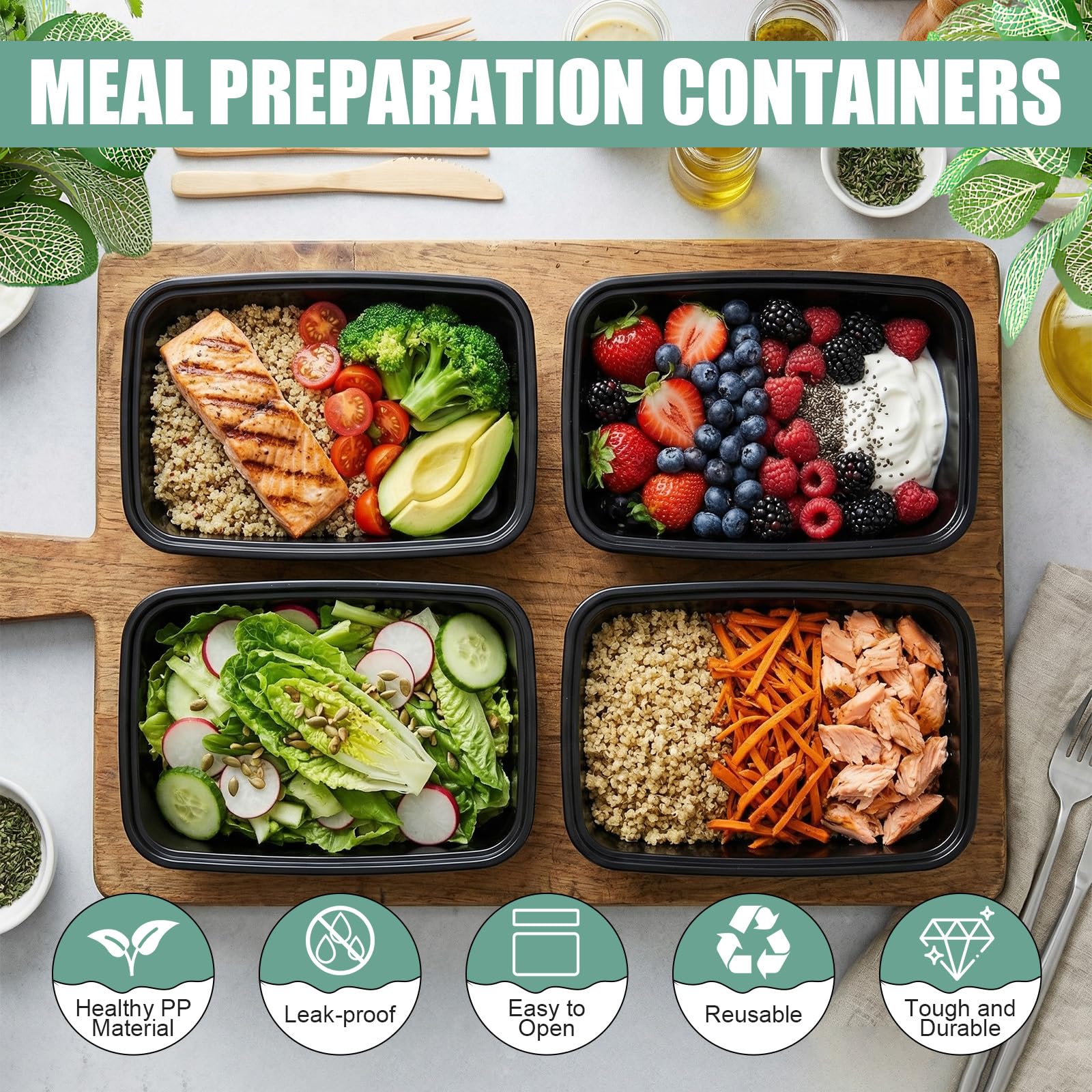 Disposable Lunch Boxes with Lids – 34oz Double Compartment Meal Prep Containers, 100 Pack (Black)