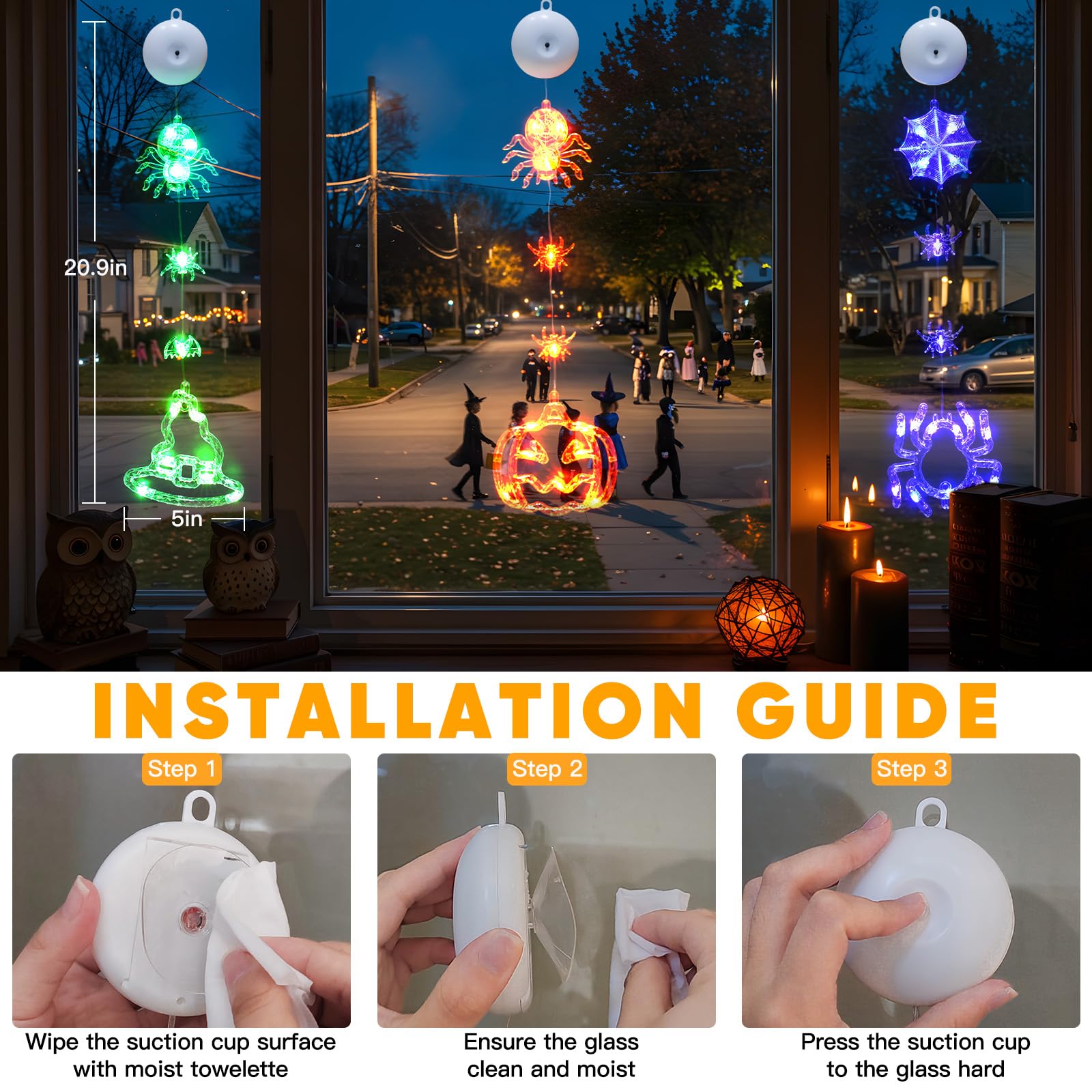 Halloween Window Lights Set – 3 Pack LED Pumpkin, Spider & Witch Hat Decorations with Timer & Flash Modes for Indoor Spooky Glow