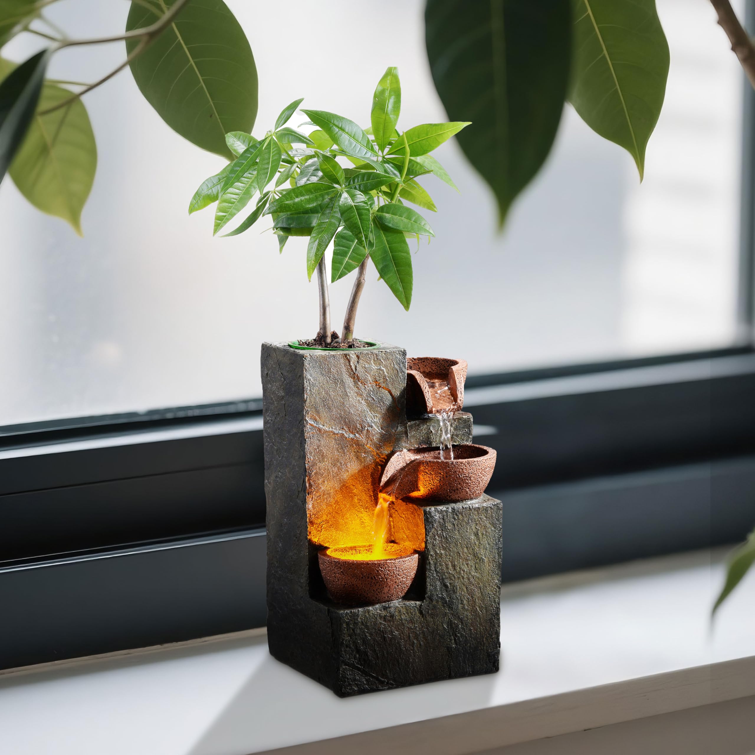 Three-Bowl Rock Tabletop Water Fountain with DIY Planter Basin & Warm LED Light (3-Bowl Rock)