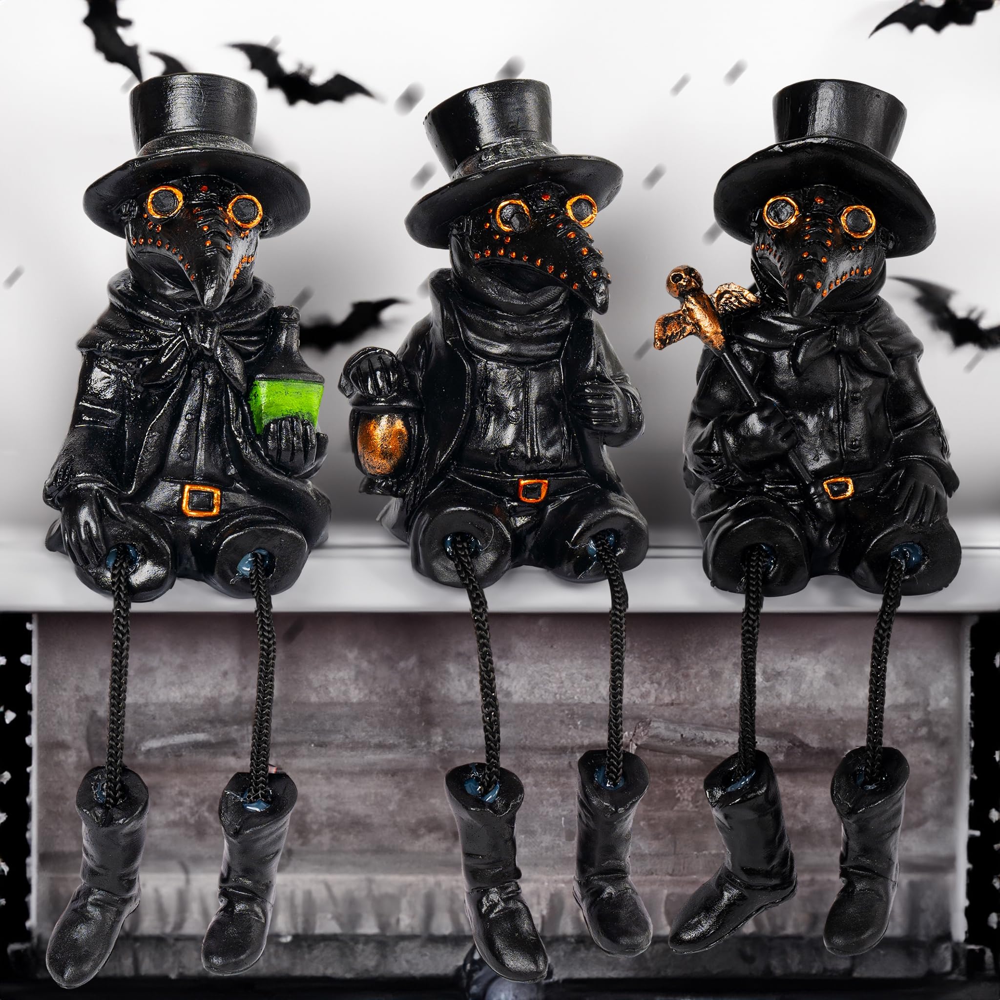 Vintage Plague Doctor Figurines (Set of 3) – Resin Halloween Shelf Sitters with Dangling Legs