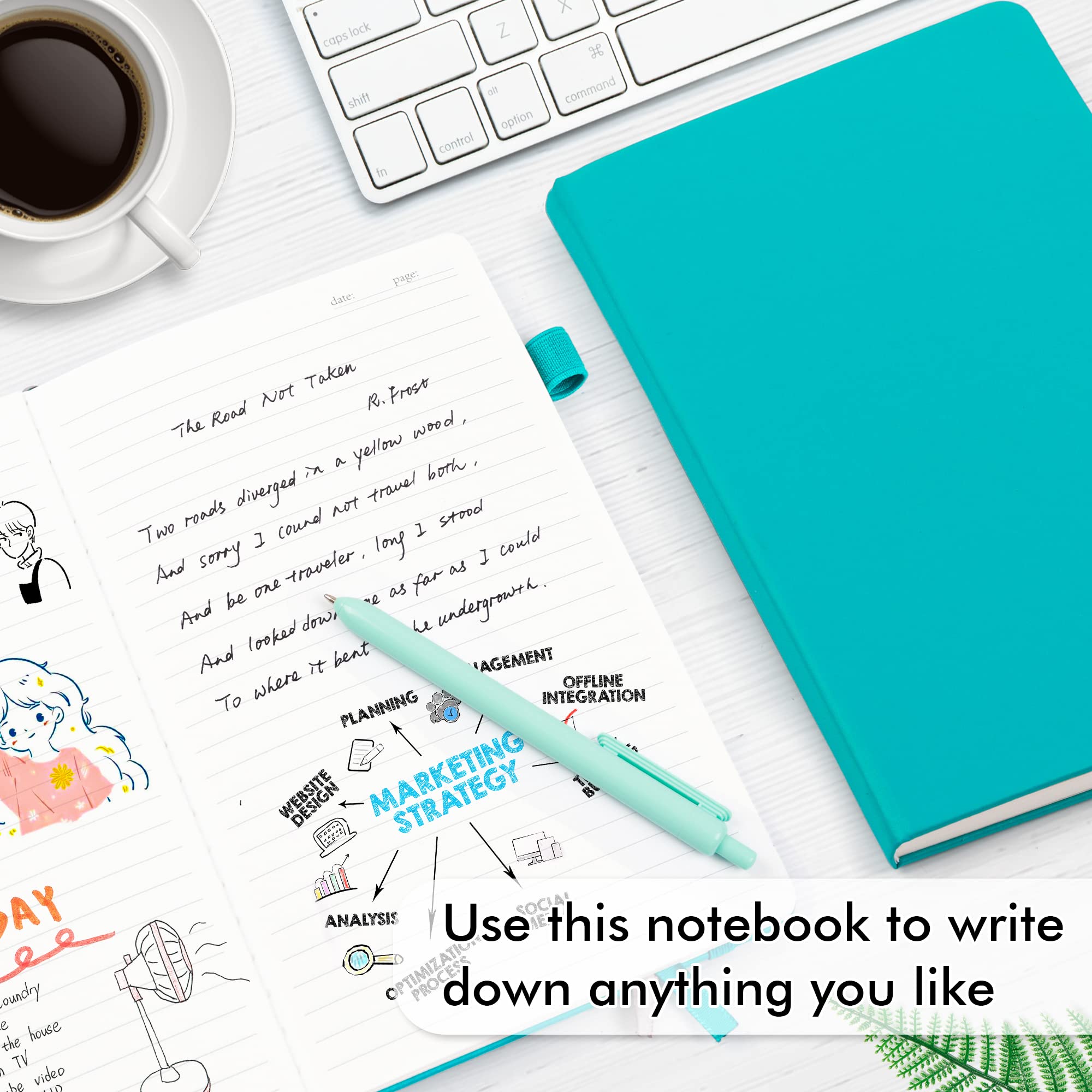 Feela 18 Pack Classic Ruled Notebooks with 18 Black Retractable Pens – Emerald Faux Leather Journals (8.3” x 5.1”)