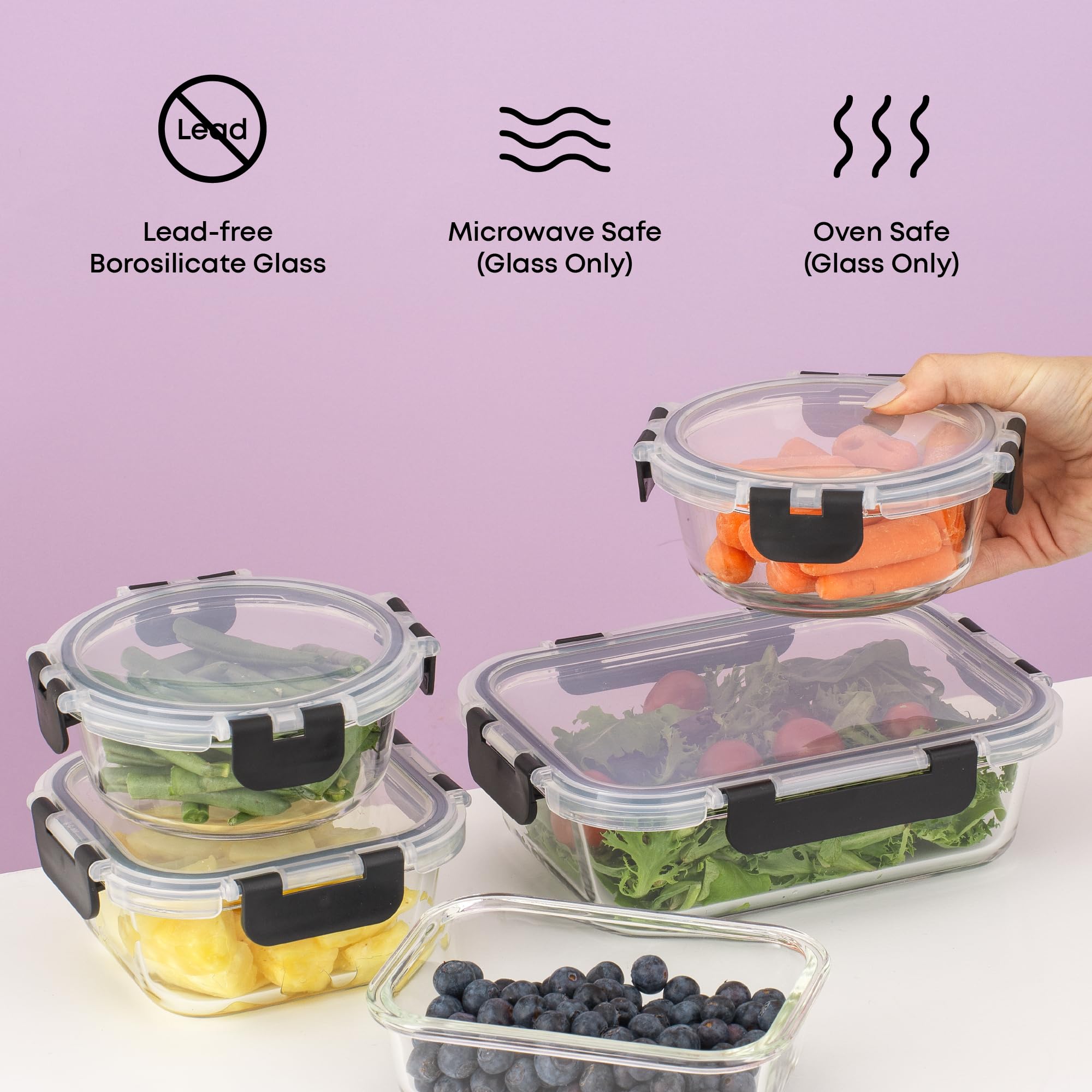 Glass Food Storage Containers with Lids – 12-Piece Borosilicate Meal Prep Set (Black Lids)