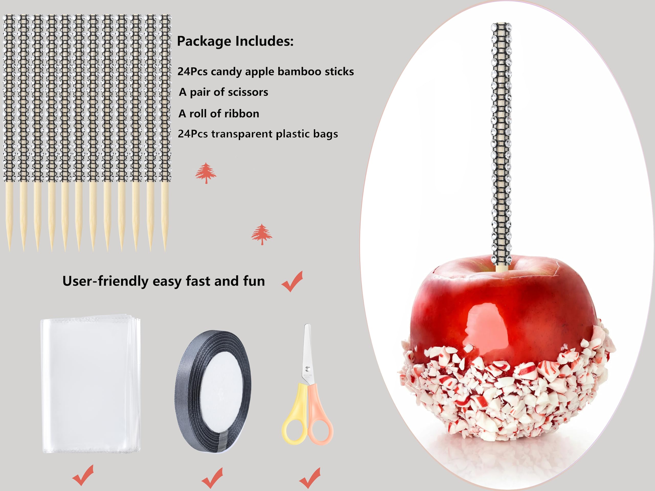 Luxury Candy Apple Stick Kit – 24 Rhinestone Sticks, 24 Bags, Silver Ribbon & Scissors – Black + Silver Caramel Apple Decorating Set
