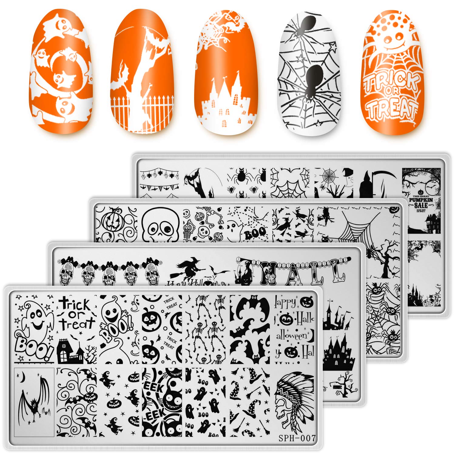 Halloween Nail Art Stamping Plates – 4pcs Stainless Steel Templates with Pumpkins, Bats, Spiders & Witch Patterns