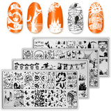 Halloween Nail Art Stamping Plates – 4pcs Stainless Steel Templates with Pumpkins, Bats, Spiders & Witch Patterns