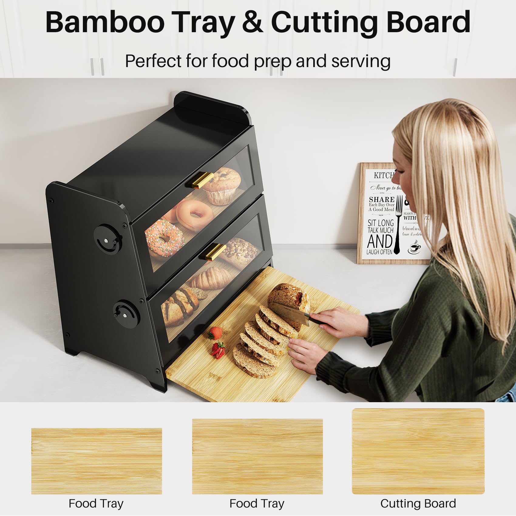 Large 2-Tier Bread Box with Adjustable Ventilation – Magnetic Door Bamboo Tray Bread Storage (Black)