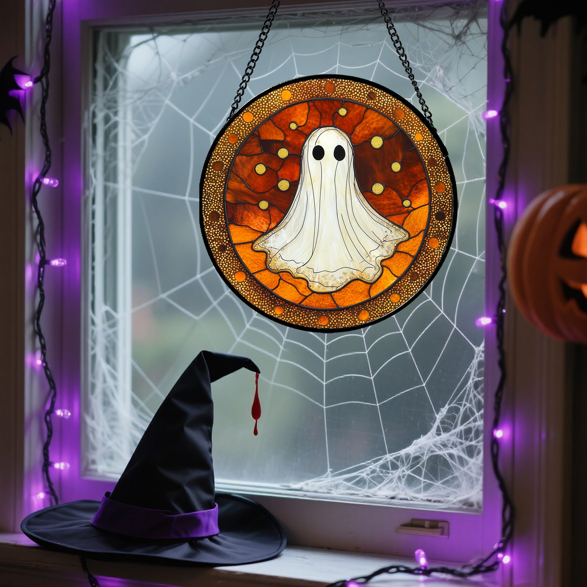 Halloween Stained Glass Window Hanging 🎃 – White Ghost Suncatcher with Pumpkins & Bats