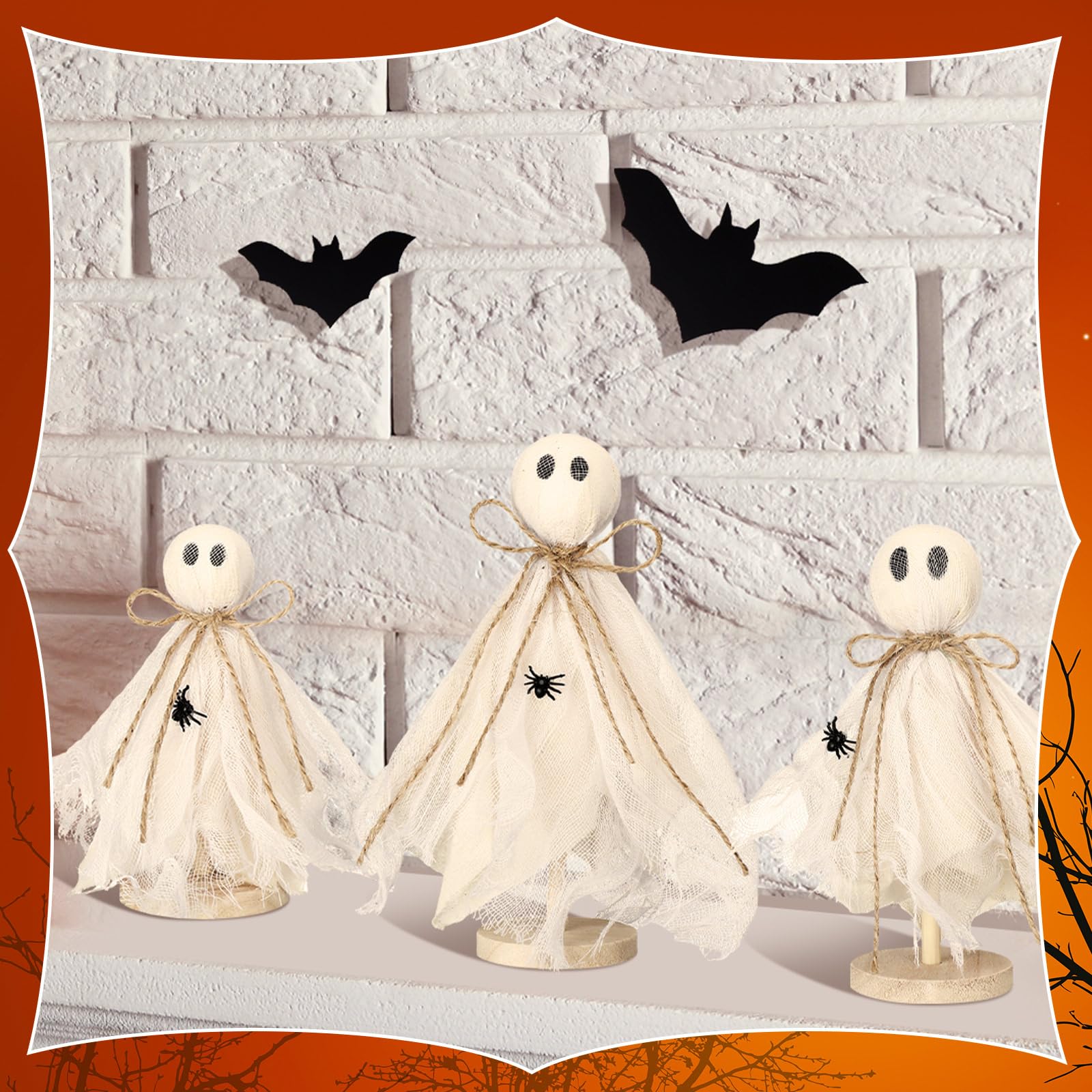 Set of 3 Wooden Ghost Shelf Sitters – Rustic Halloween Fabric Ghost Decorations for Table, Mantel & Tiered Tray