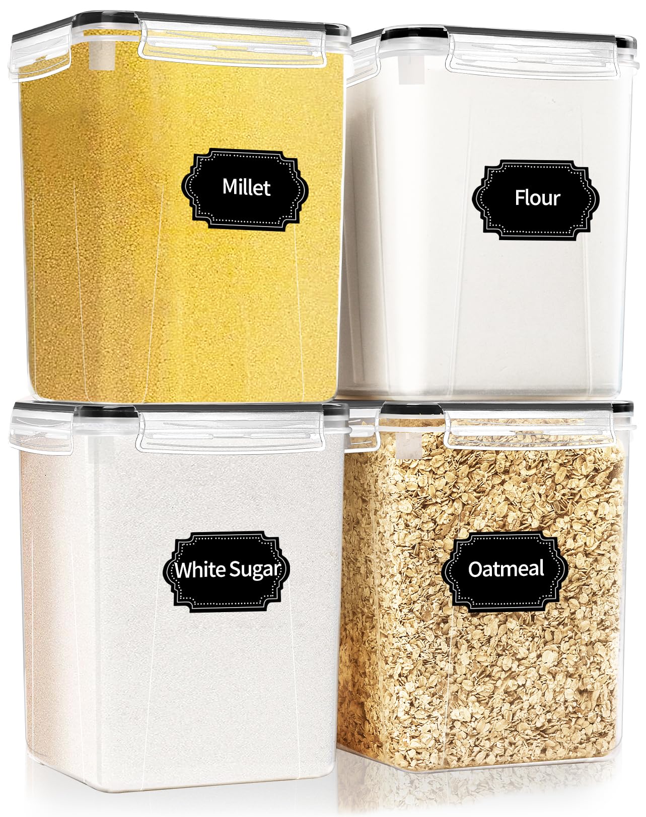 Large Airtight Pantry Storage Containers – 4-Piece 5.2L Cereal & Flour Container Set with Labels (Black)